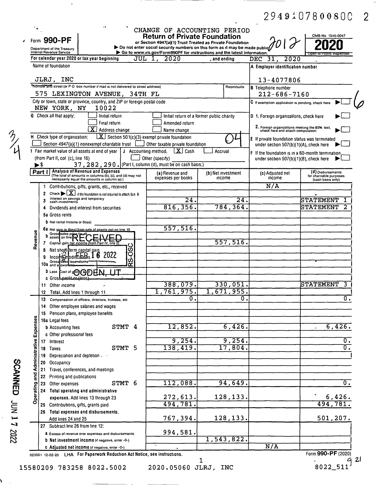 Image of first page of 2020 Form 990PF for JLRJ