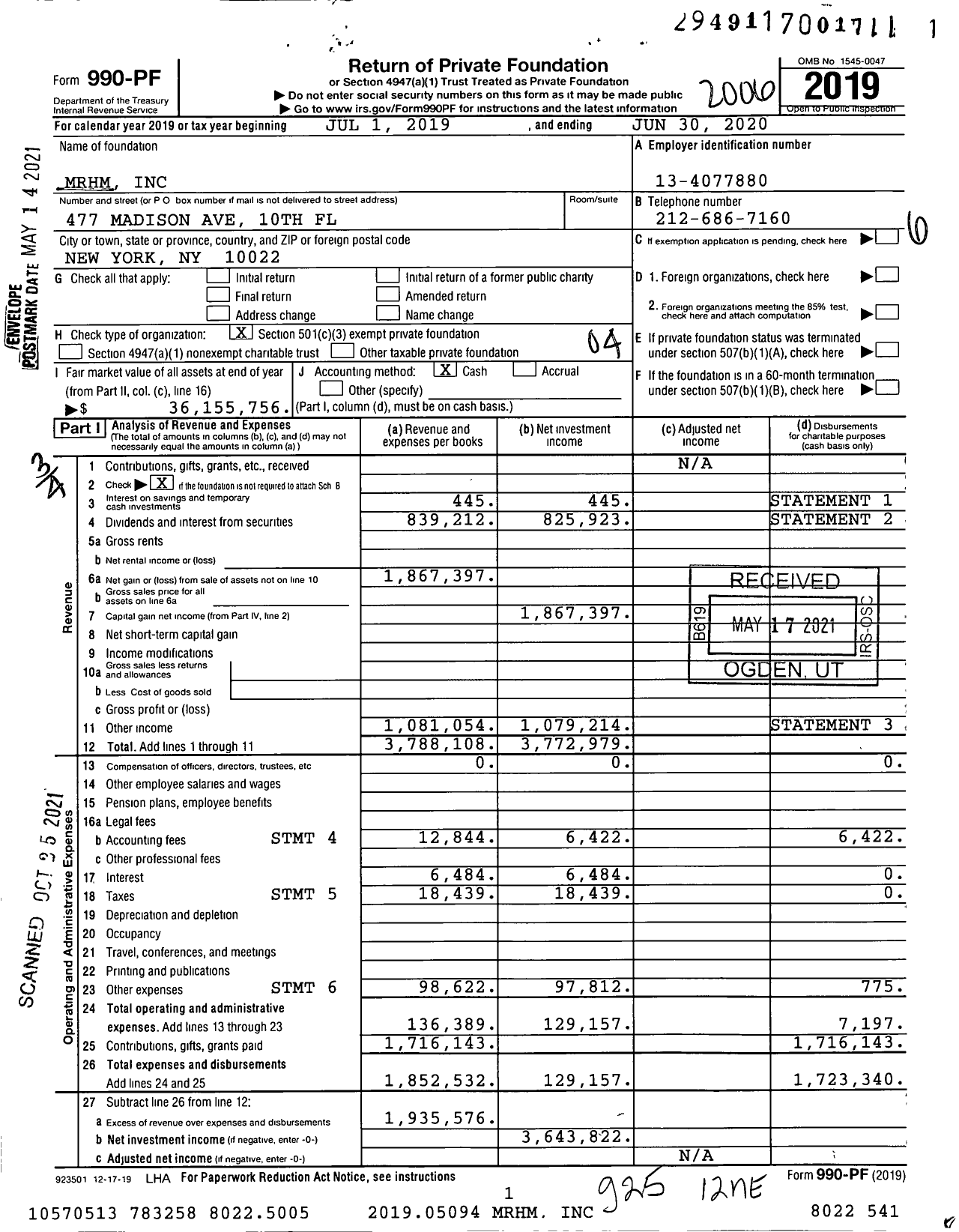 Image of first page of 2019 Form 990PF for MRHM