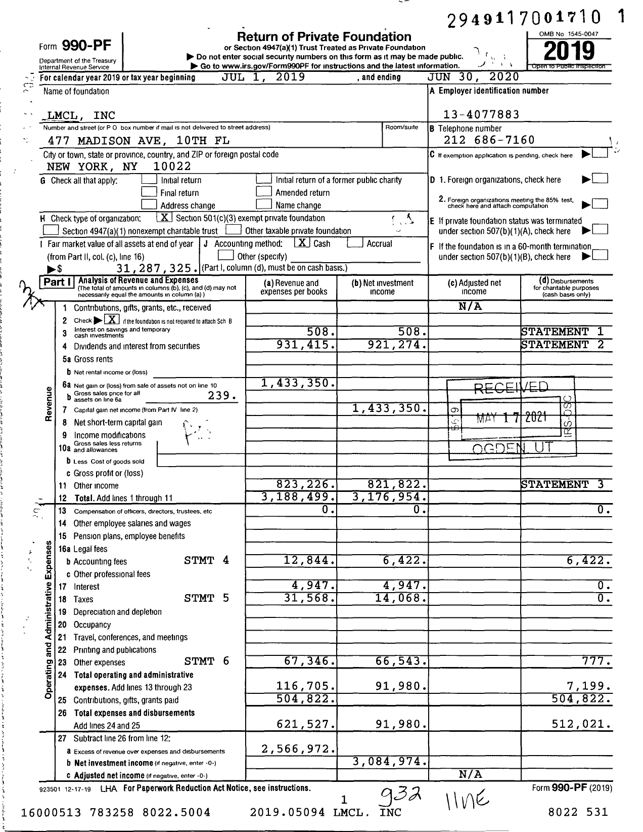 Image of first page of 2019 Form 990PF for LMCL