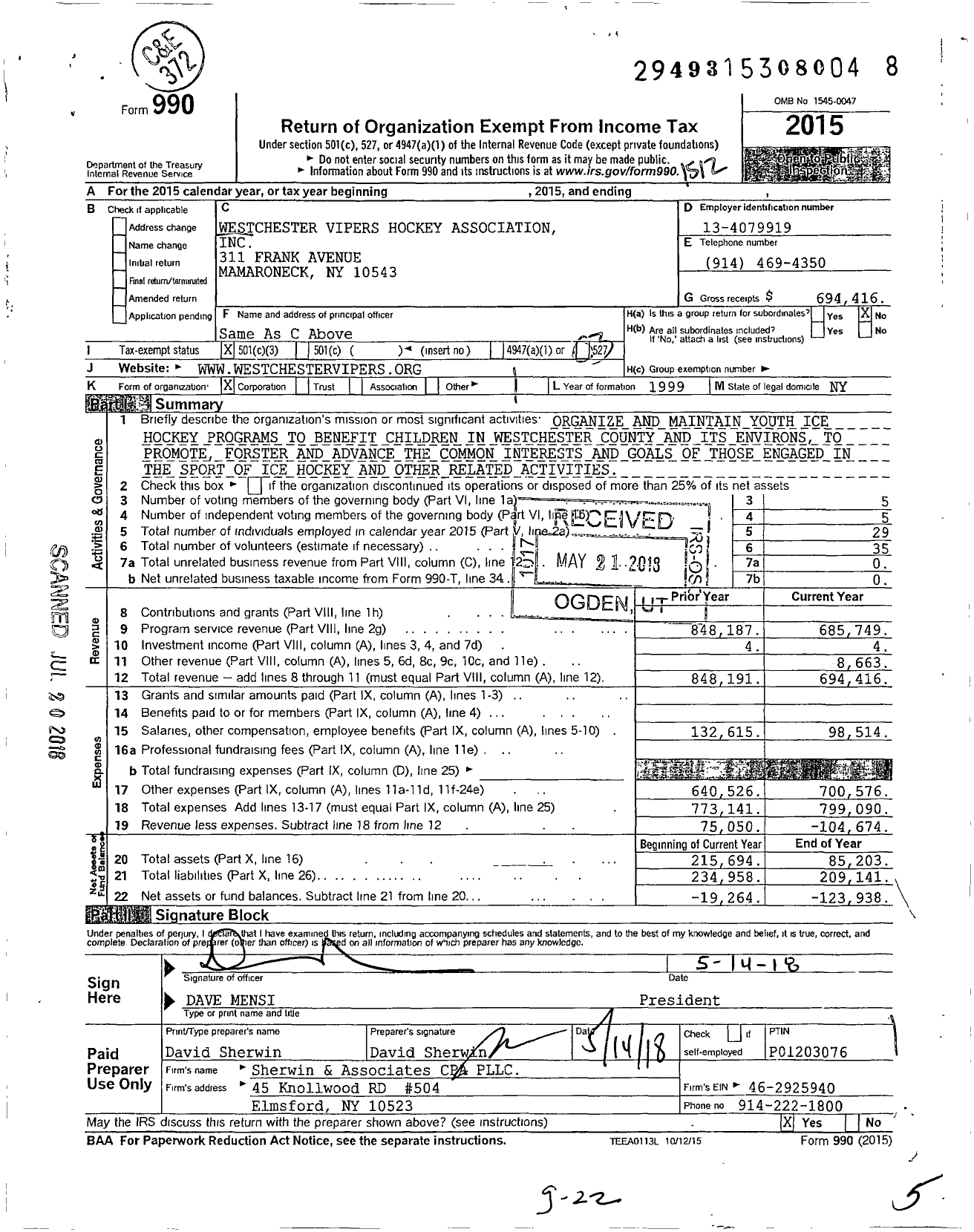 Image of first page of 2015 Form 990 for Westchester Vipers Hockey Association