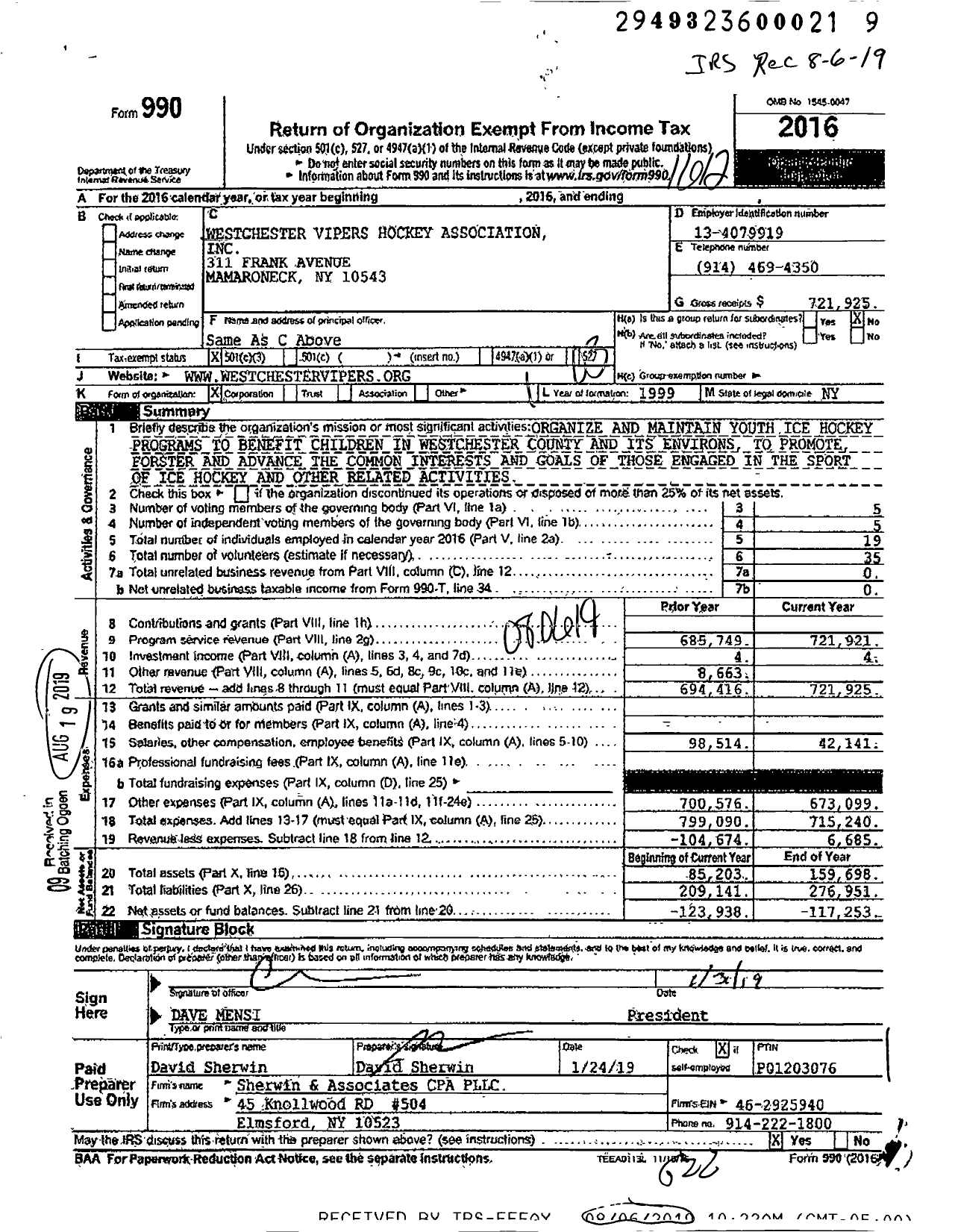 Image of first page of 2016 Form 990 for Westchester Vipers Hockey Association