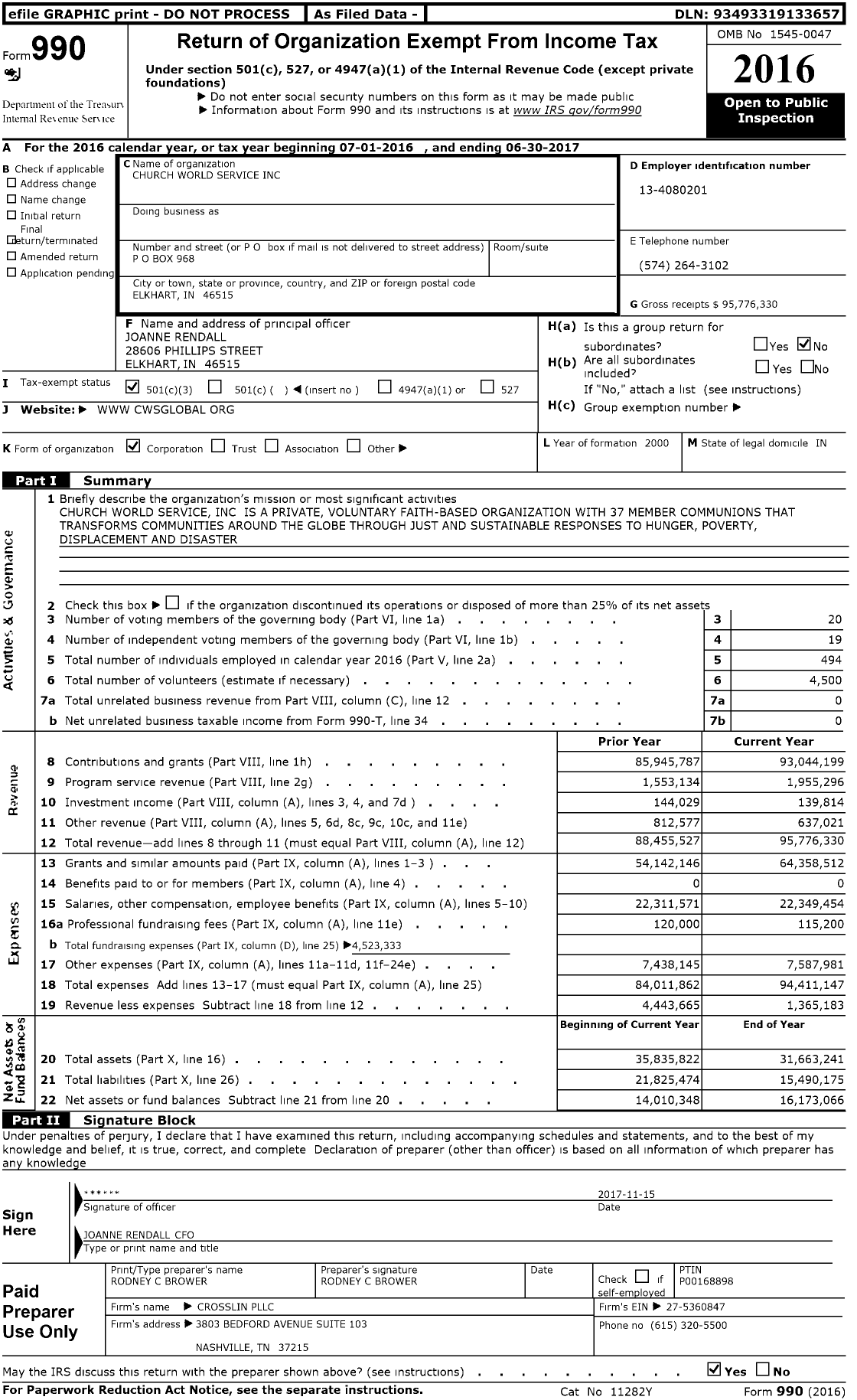 Image of first page of 2016 Form 990 for Church World Service (CWS)