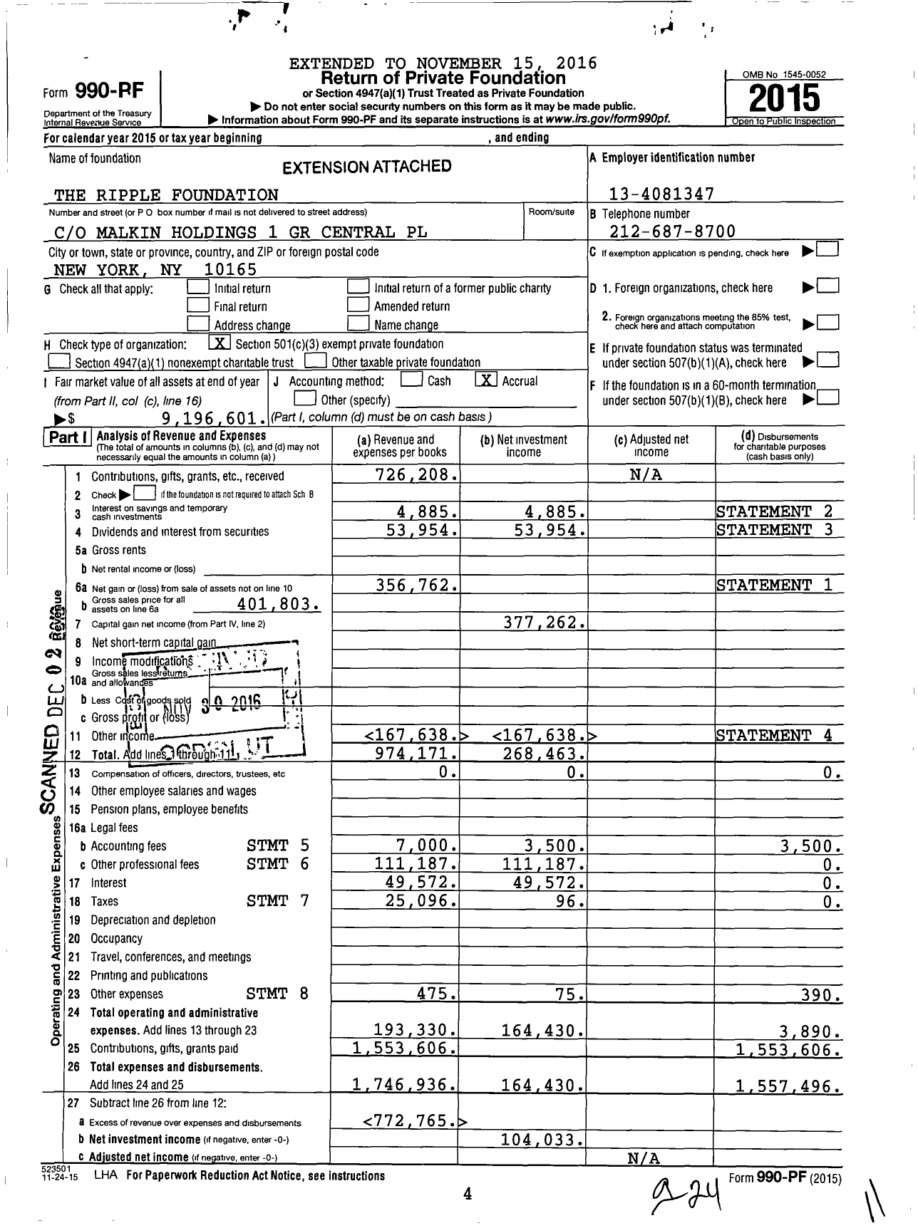 Image of first page of 2015 Form 990PF for The Ripple Foundation