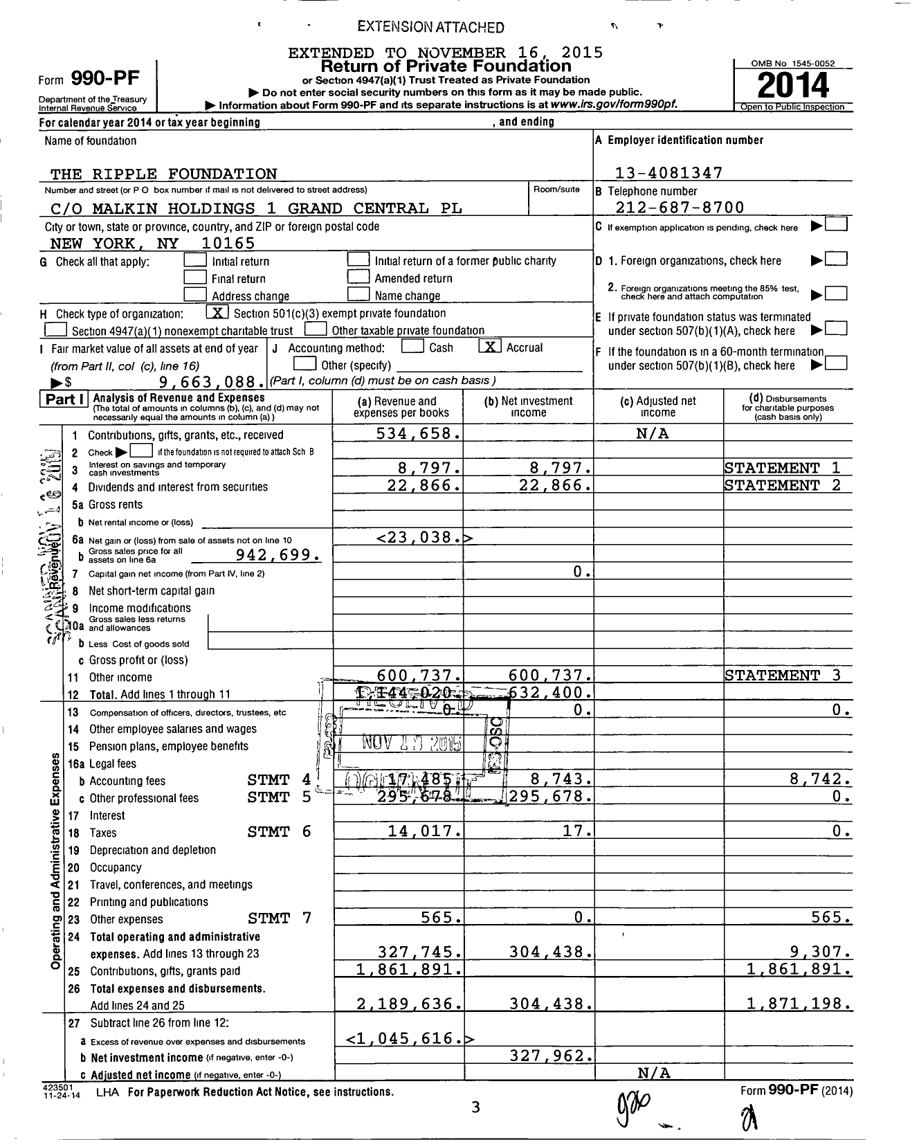 Image of first page of 2014 Form 990PF for The Ripple Foundation