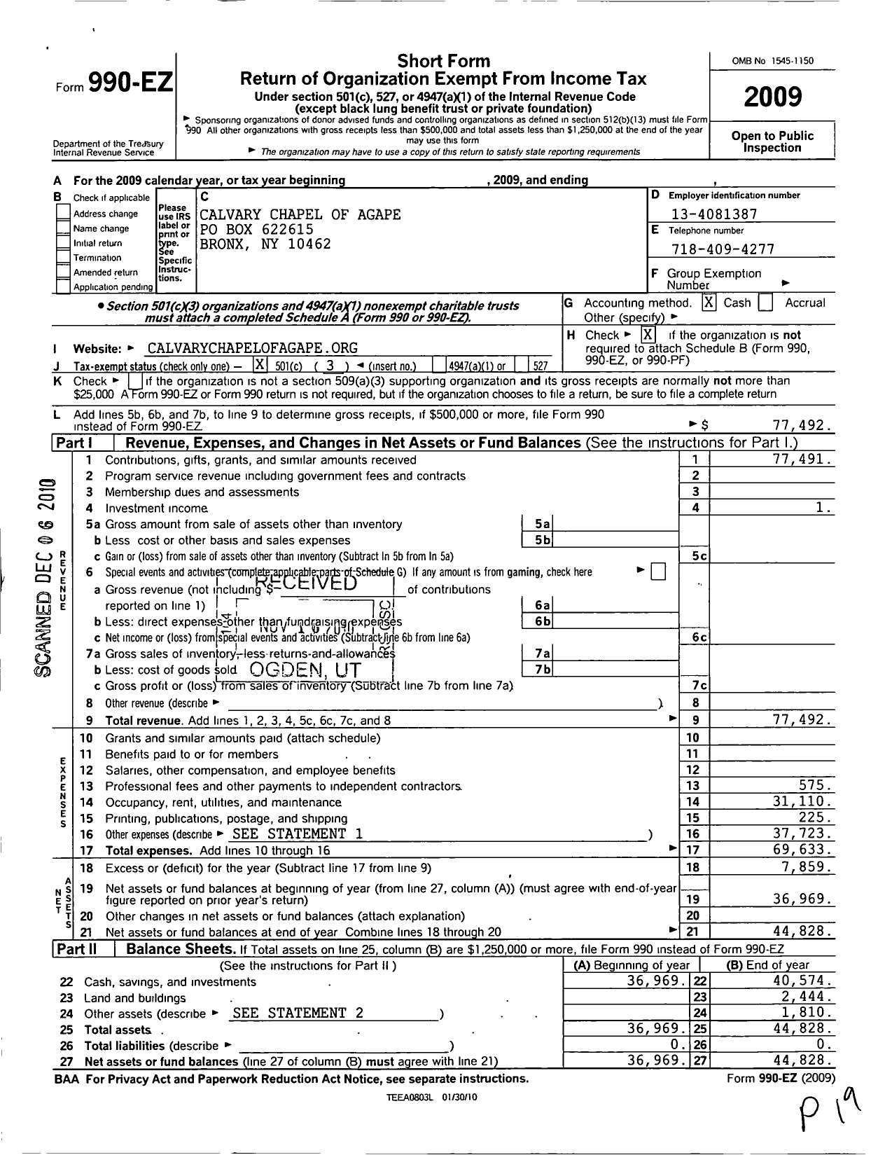 Image of first page of 2009 Form 990EZ for Calvary Chapel of Agape