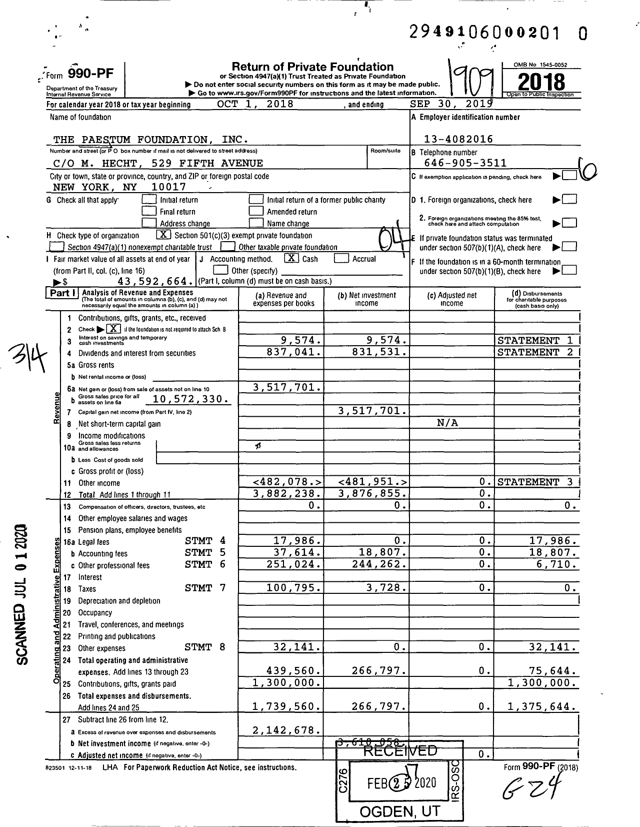 Image of first page of 2018 Form 990PR for The Paestum Foundation