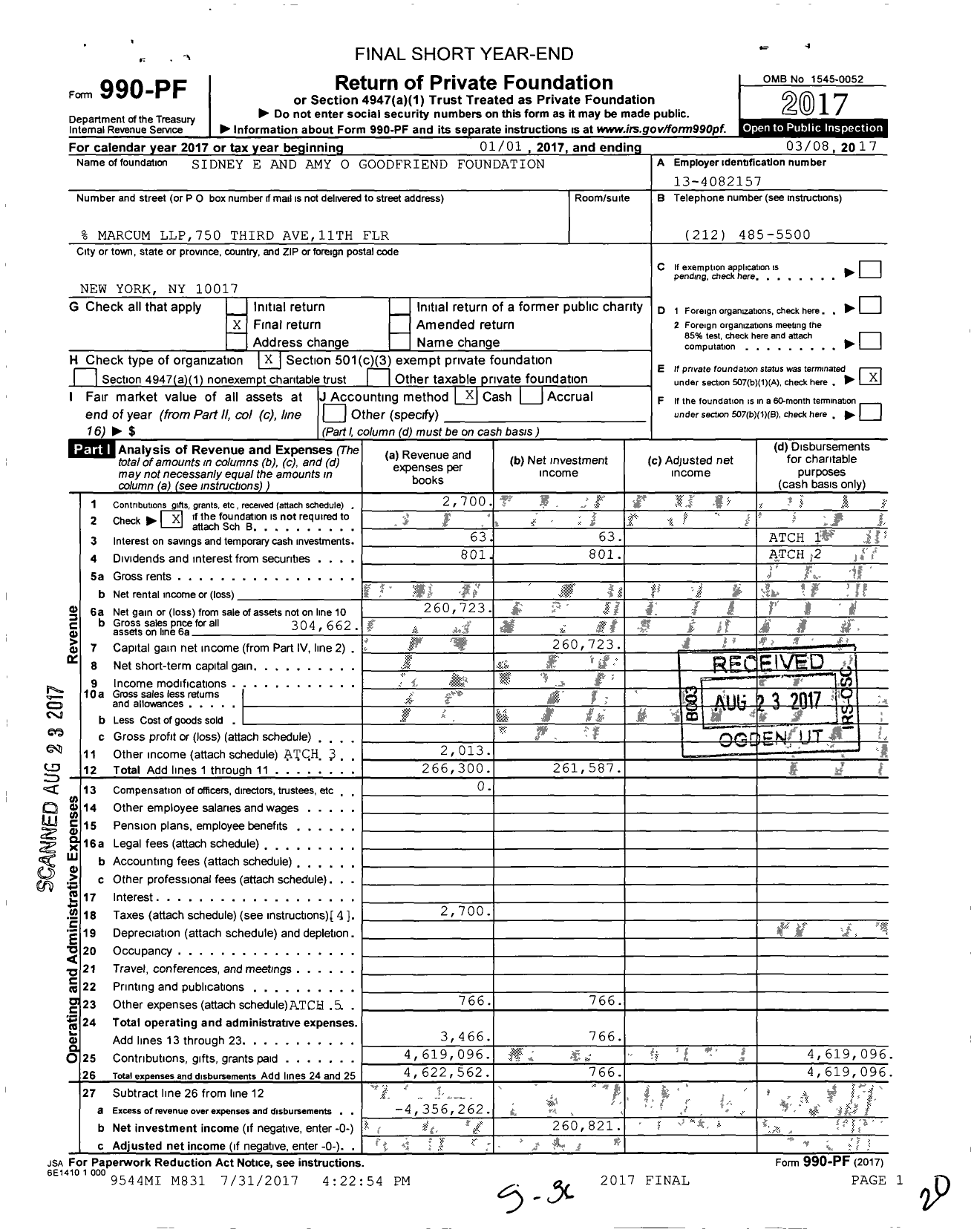 Image of first page of 2016 Form 990PF for Sidney E and Amy O Goodfriend Foundation