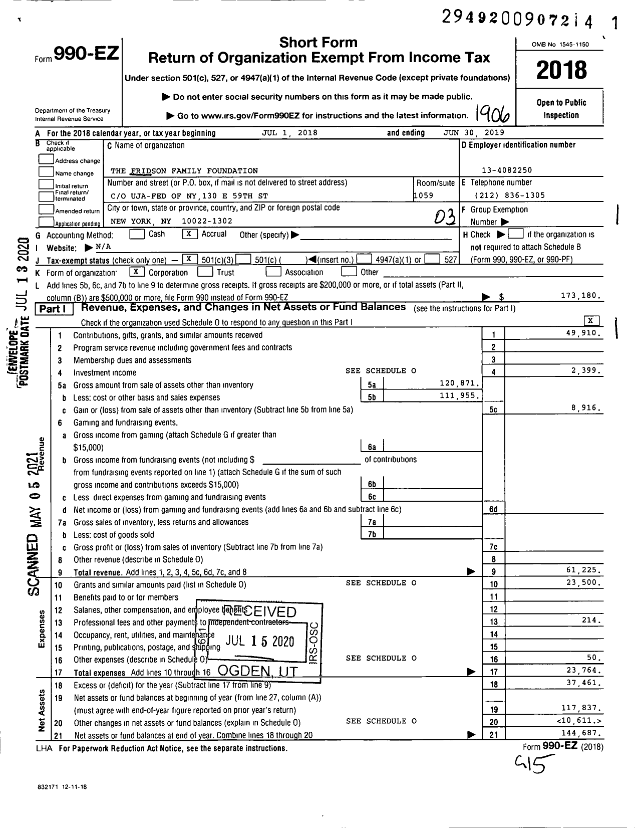 Image of first page of 2018 Form 990EZ for The Fridson Family Foundation