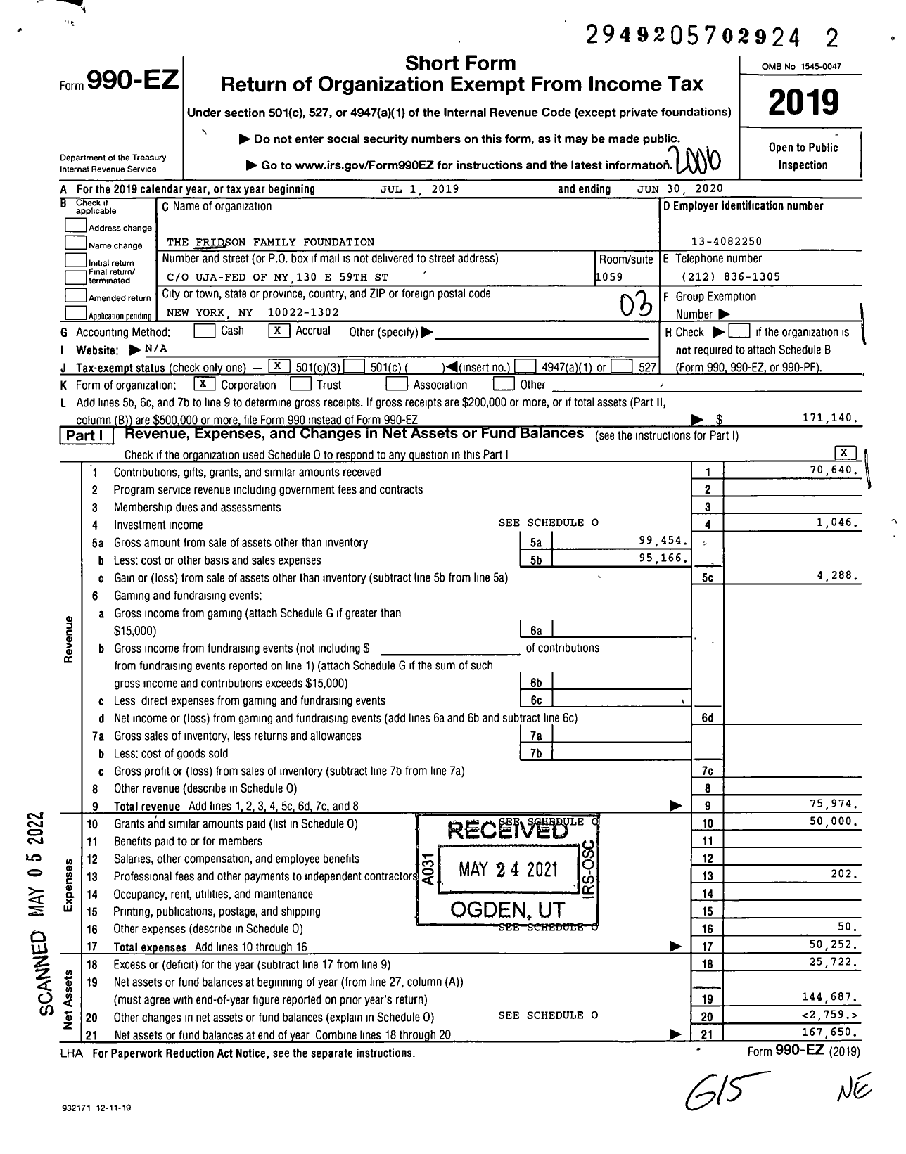 Image of first page of 2019 Form 990EZ for The Fridson Family Foundation