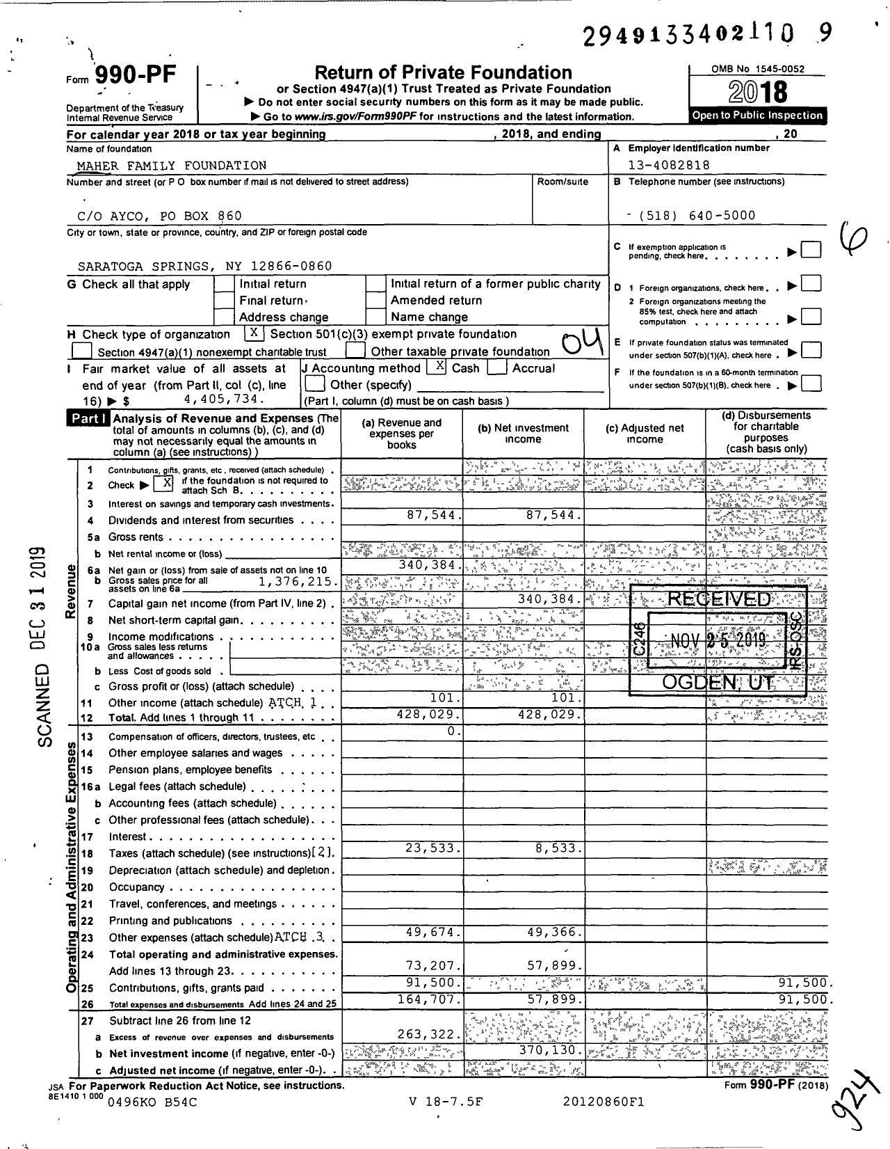 Image of first page of 2018 Form 990PF for Maher Family Foundation