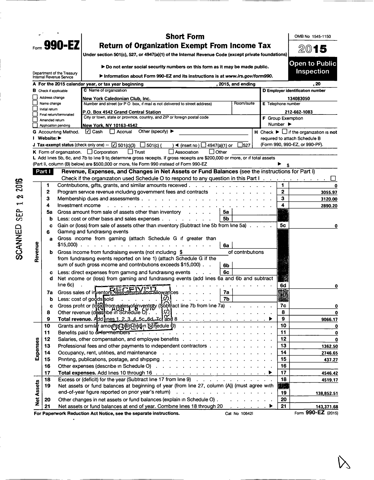 Image of first page of 2015 Form 990EZ for New York Caledonian Club