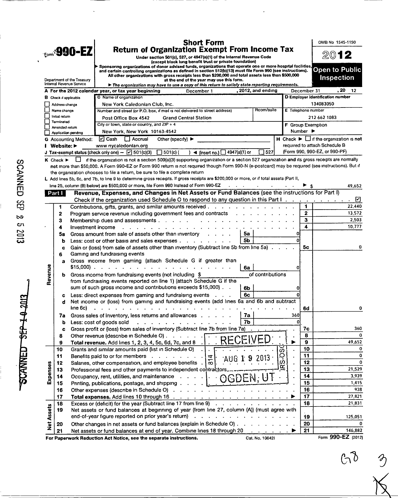 Image of first page of 2012 Form 990EZ for New York Caledonian Club