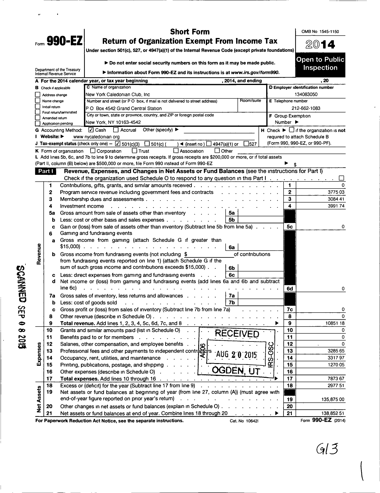 Image of first page of 2014 Form 990EZ for New York Caledonian Club