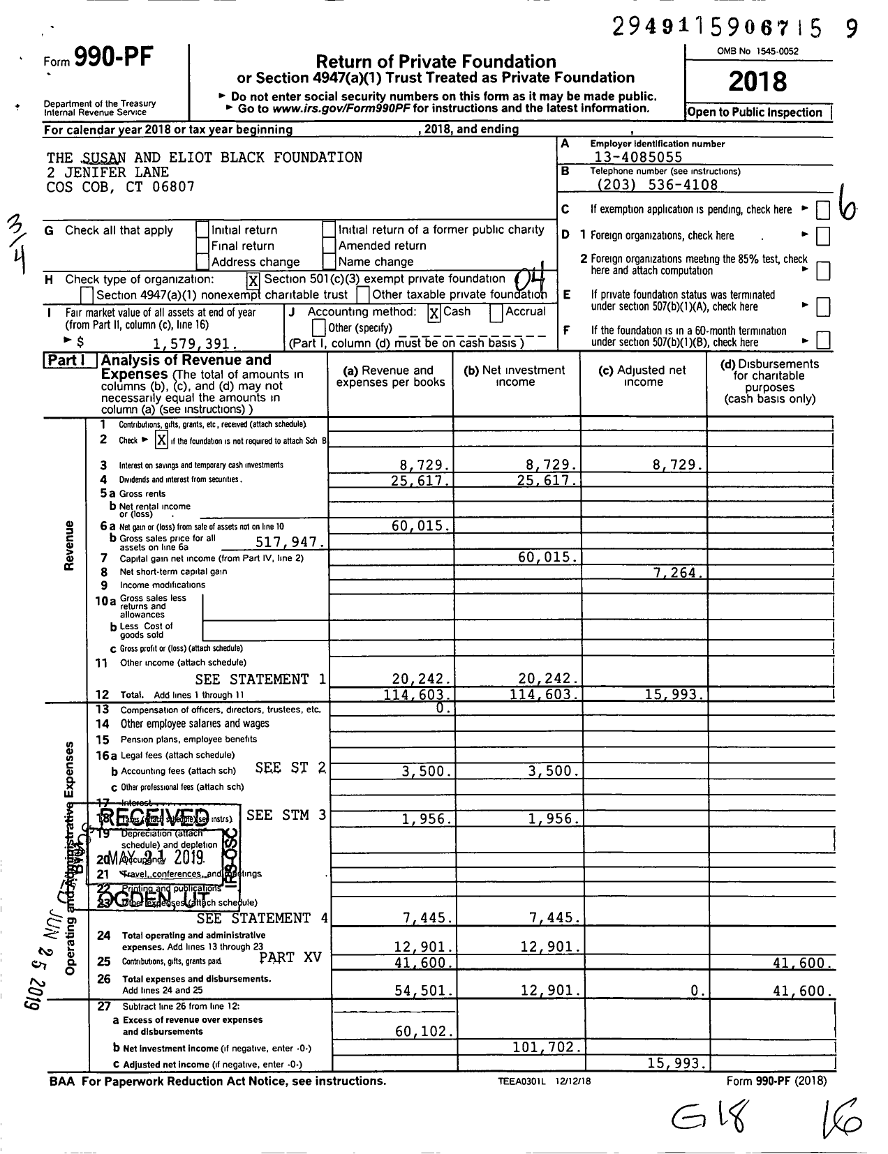 Image of first page of 2018 Form 990PF for The Susan and Eliot Black Foundation