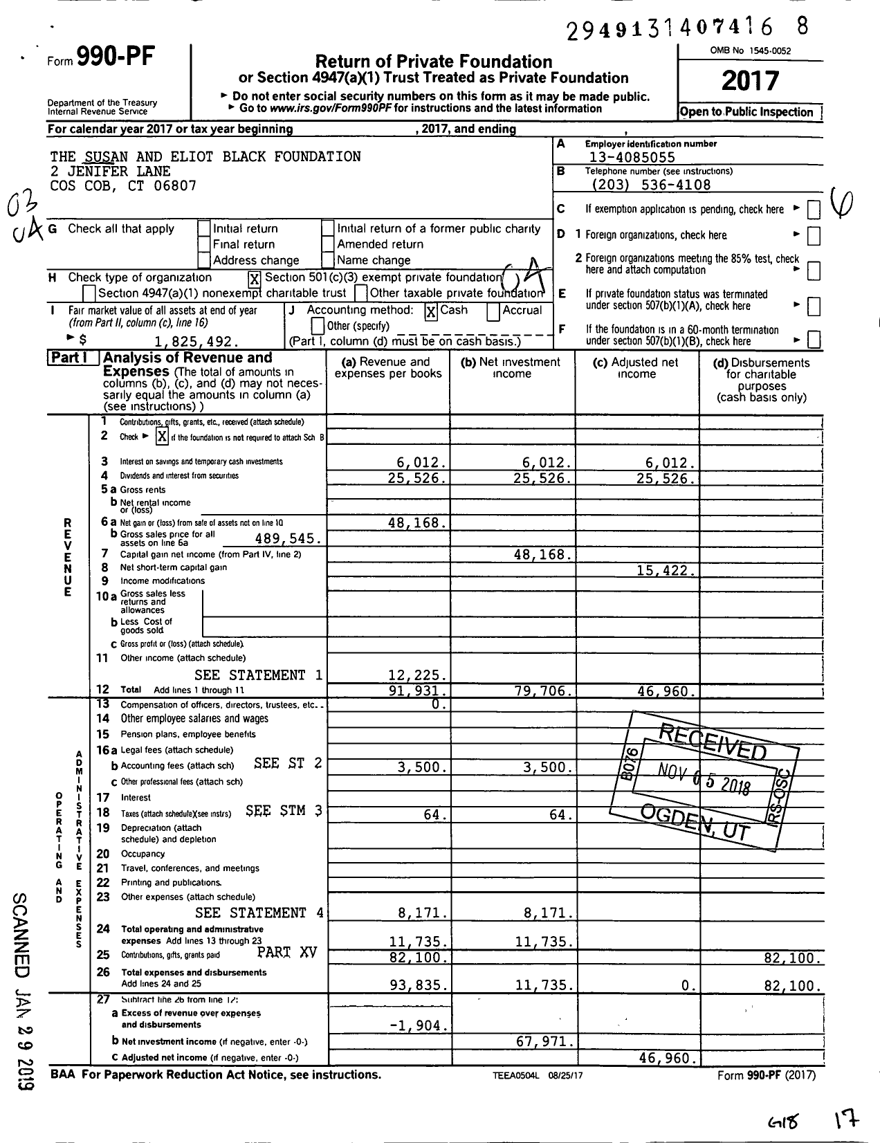 Image of first page of 2017 Form 990PF for The Susan and Eliot Black Foundation