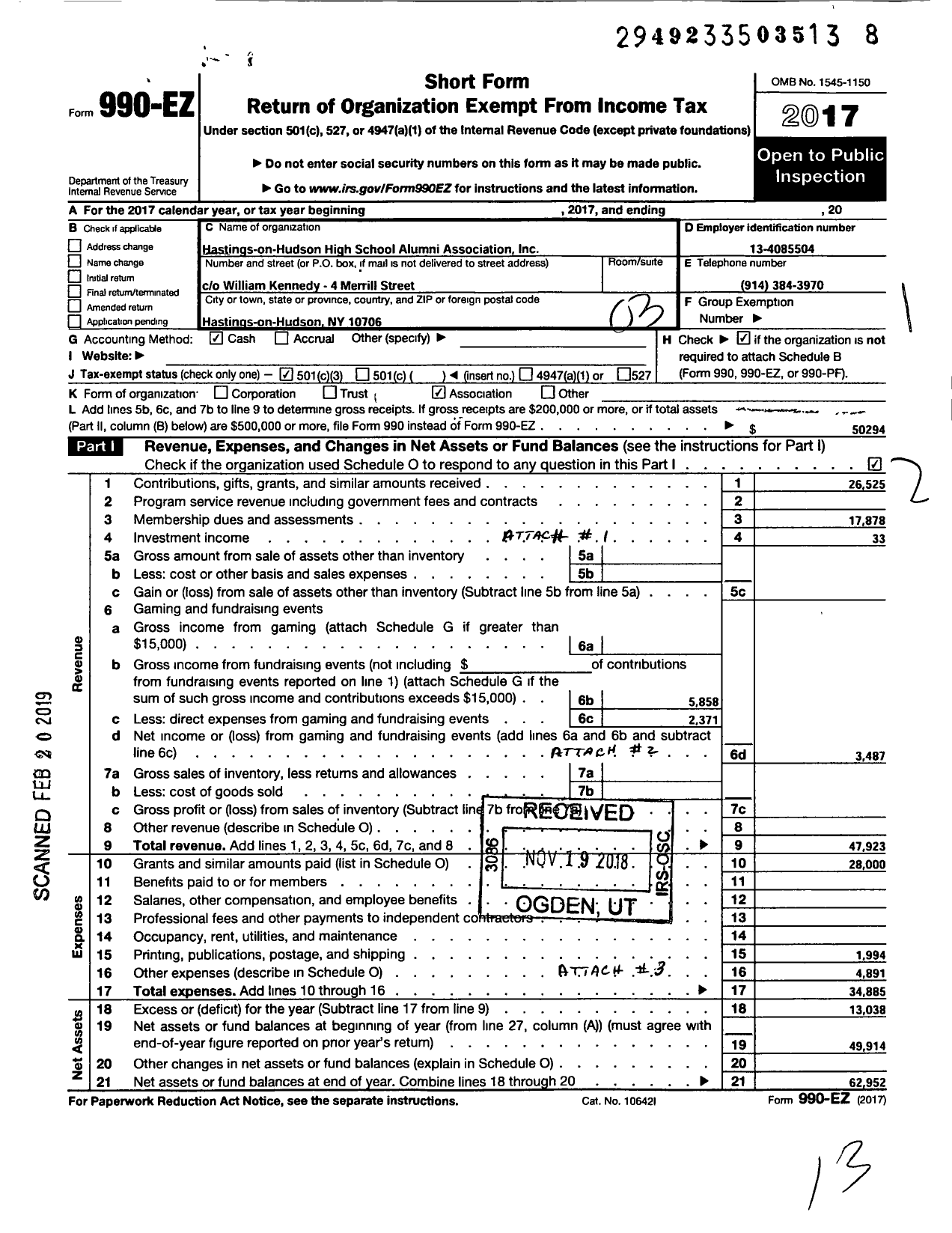 Image of first page of 2017 Form 990EZ for Hastings-On-Hudson High School Alumni Asociation