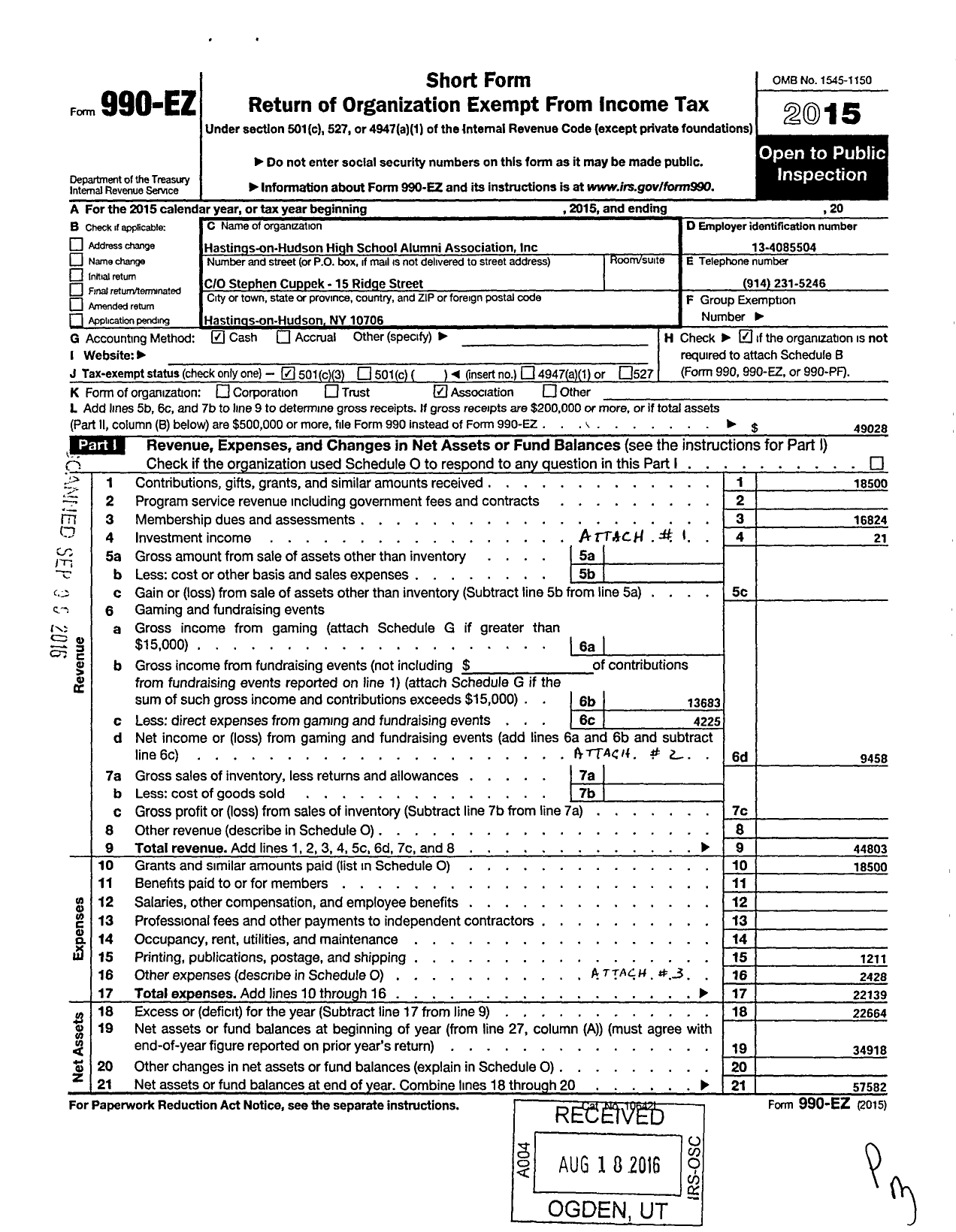 Image of first page of 2015 Form 990EZ for Hastings-On-Hudson High School Alumni Asociation