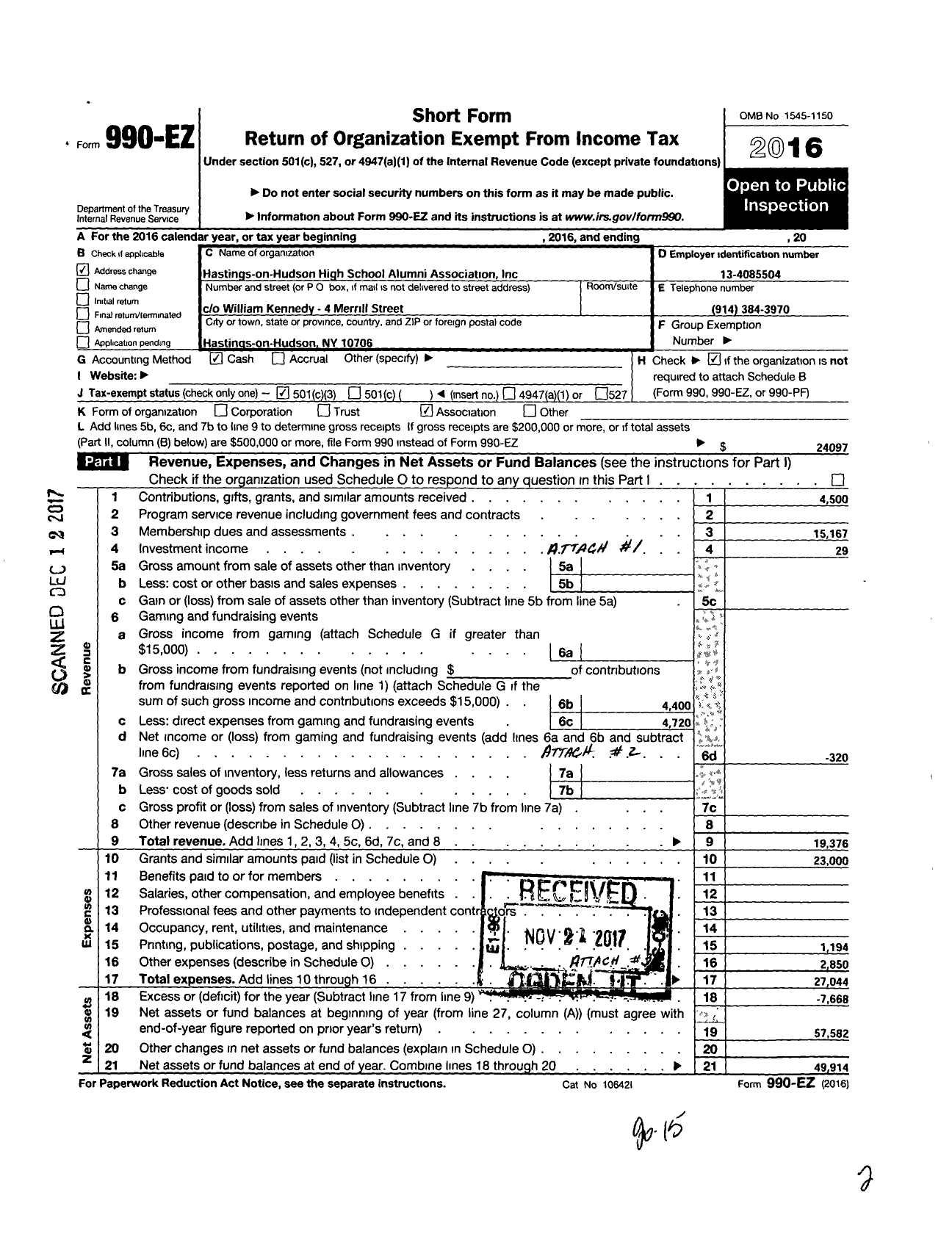 Image of first page of 2016 Form 990EZ for Hastings-On-Hudson High School Alumni Asociation