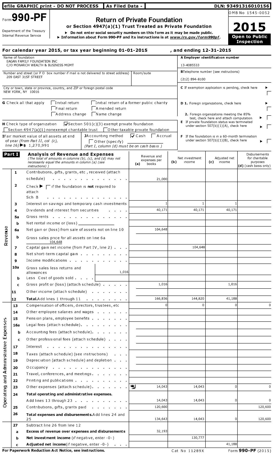 Image of first page of 2015 Form 990PF for Eagan Family Foundation