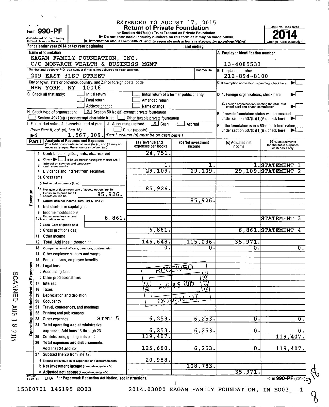 Image of first page of 2014 Form 990PF for Eagan Family Foundation