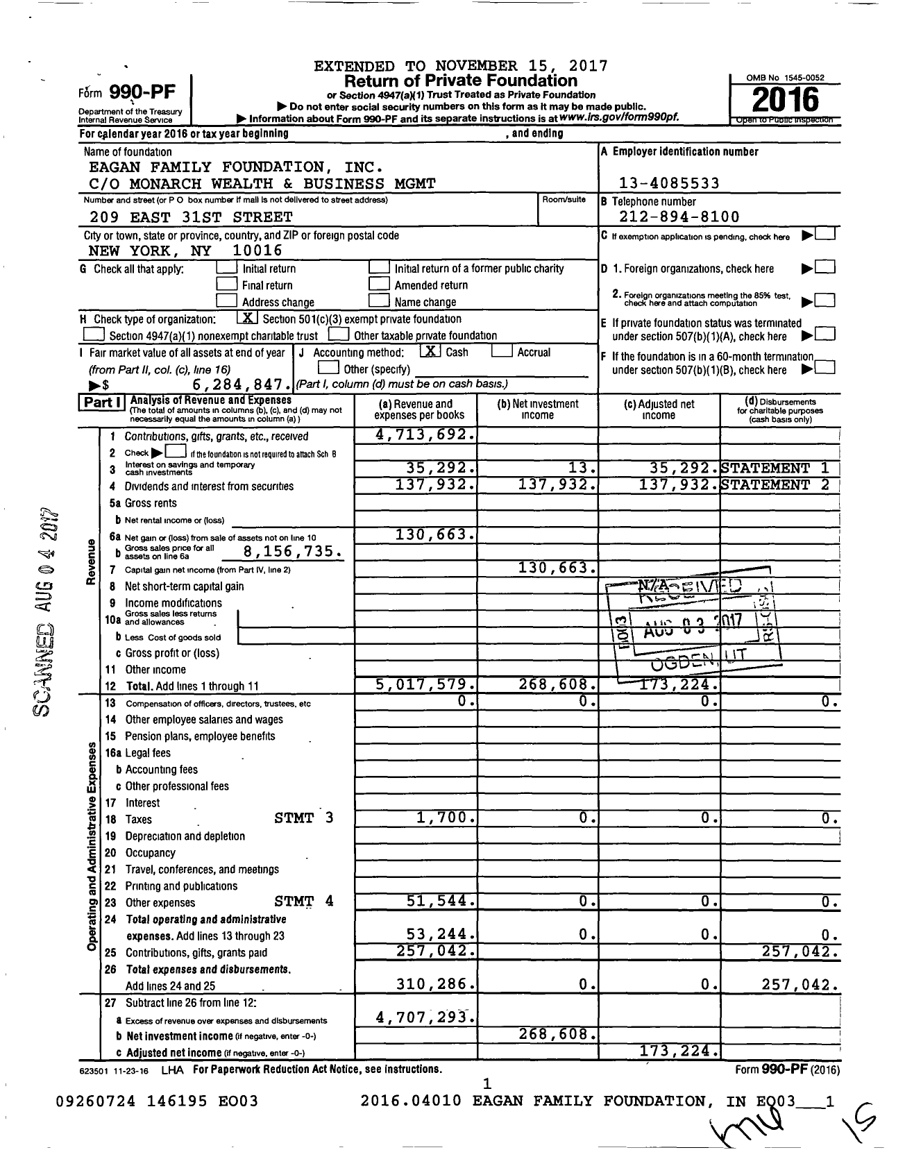 Image of first page of 2016 Form 990PF for Eagan Family Foundation
