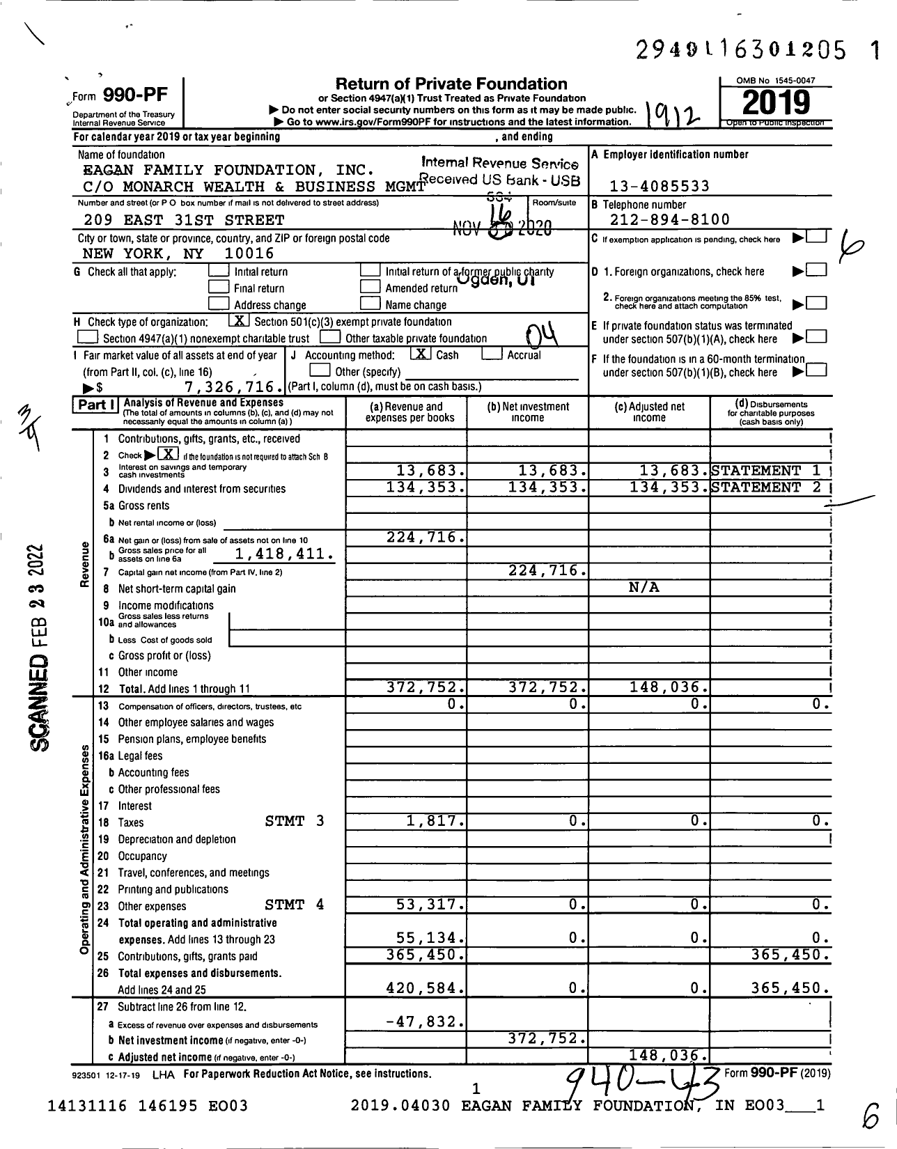 Image of first page of 2019 Form 990PF for Eagan Family Foundation