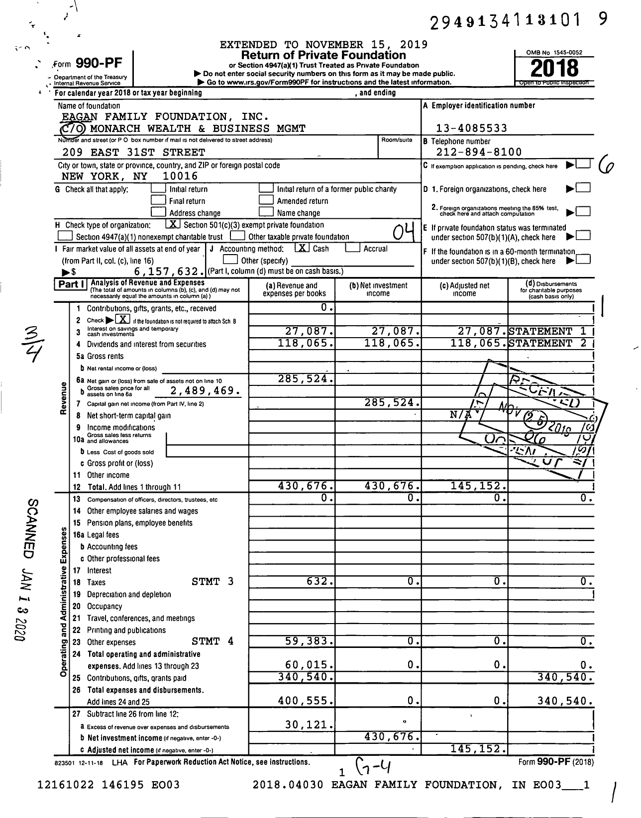 Image of first page of 2018 Form 990PF for Eagan Family Foundation