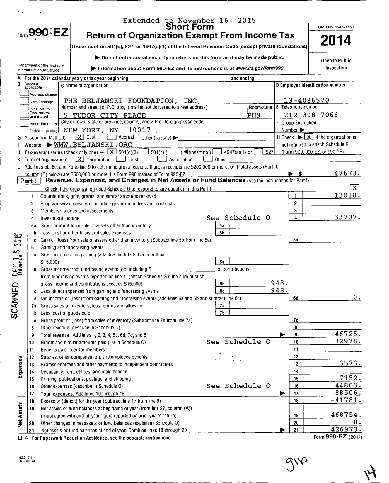 Image of first page of 2014 Form 990EZ for The Beljanski Foundation