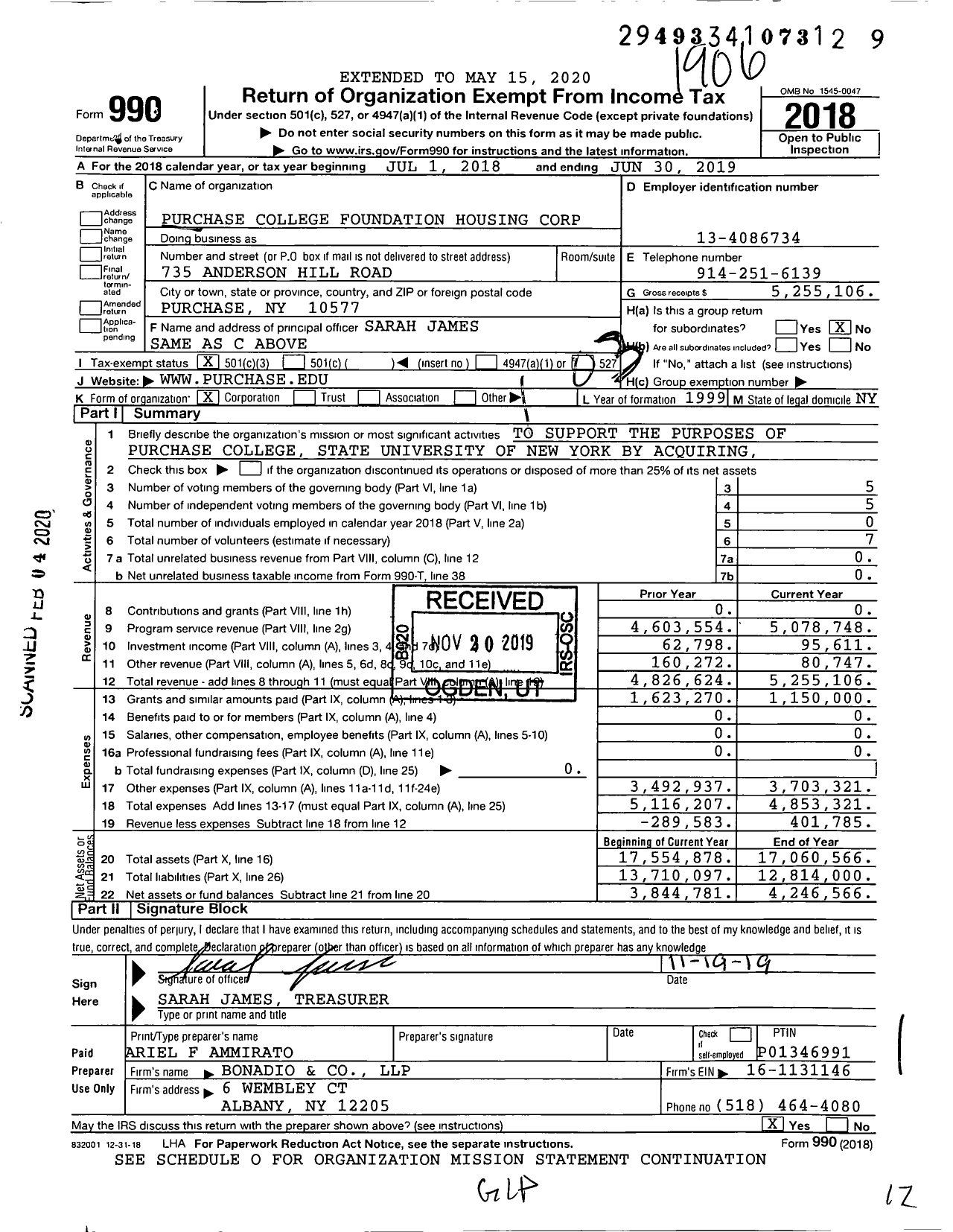 Image of first page of 2018 Form 990 for Purchase College Foundation Housing Corporation