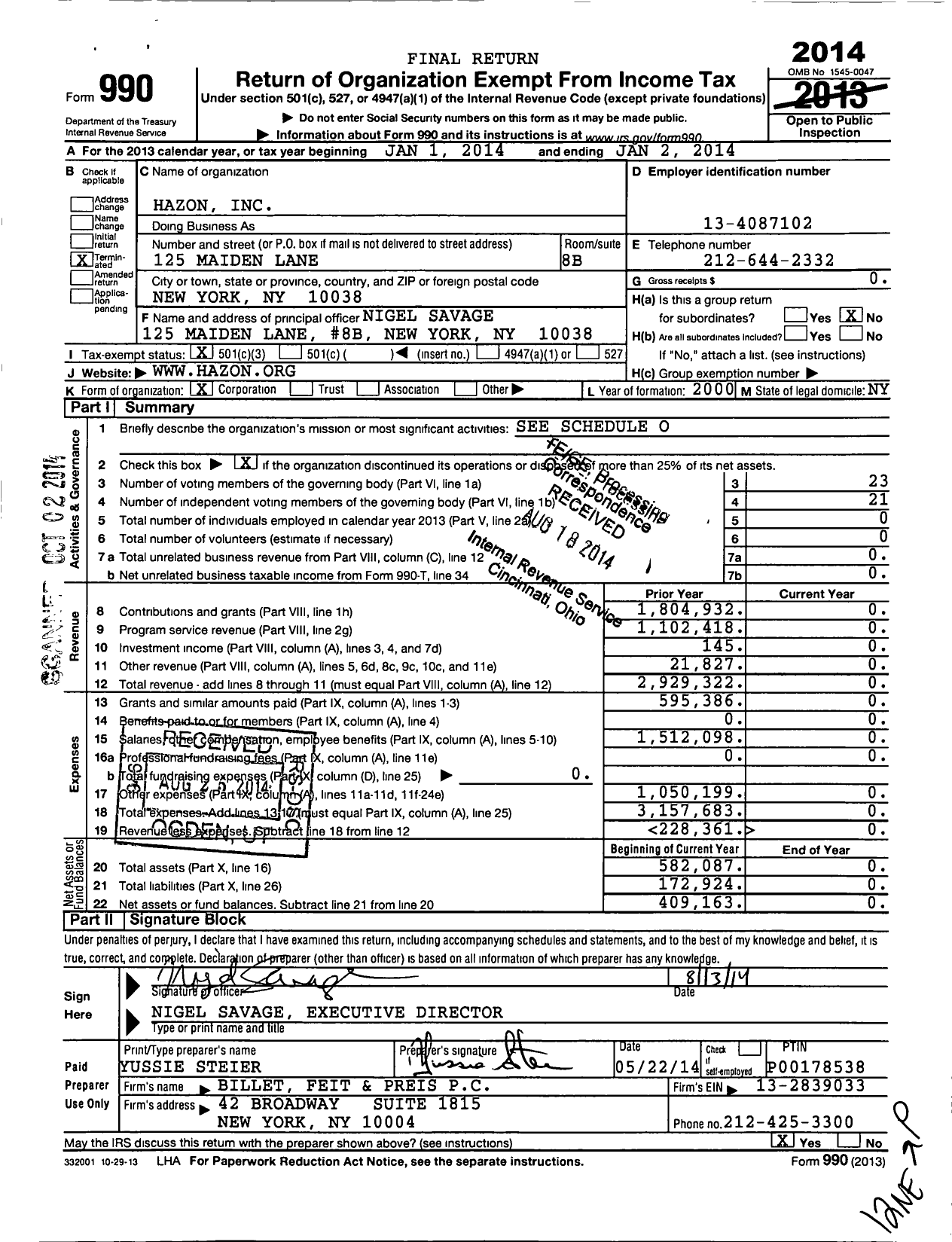Image of first page of 2013 Form 990 for Hazon