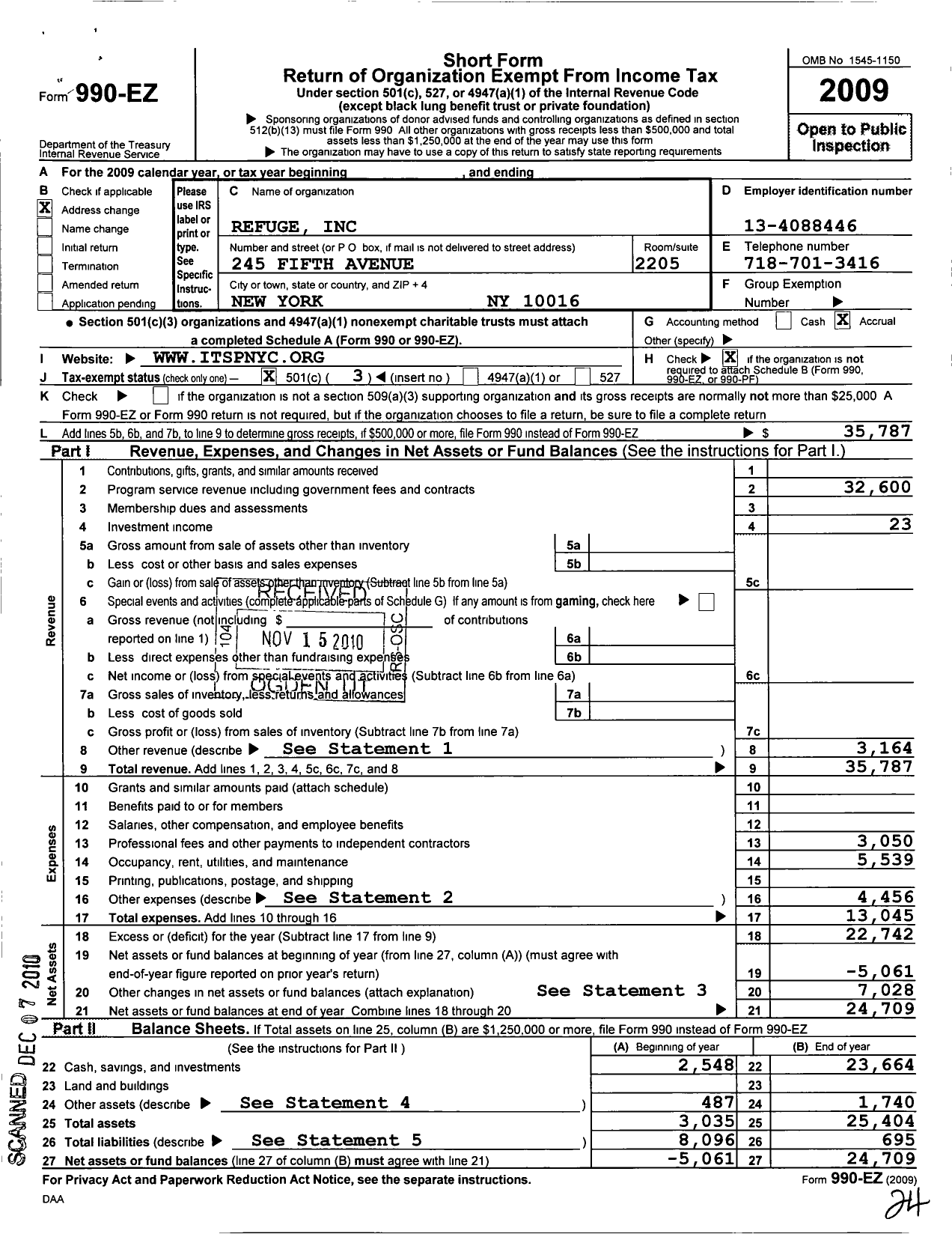 Image of first page of 2009 Form 990EZ for Refuge