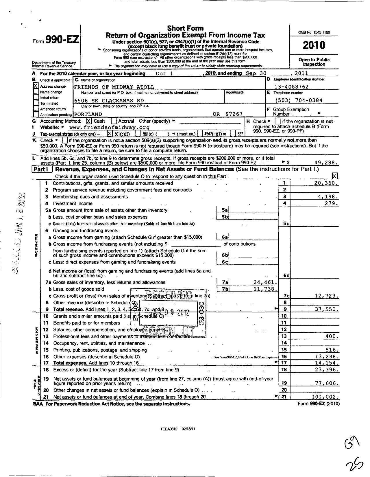 Image of first page of 2010 Form 990EZ for Friends of Midway Atoll National Wildlife Refuge