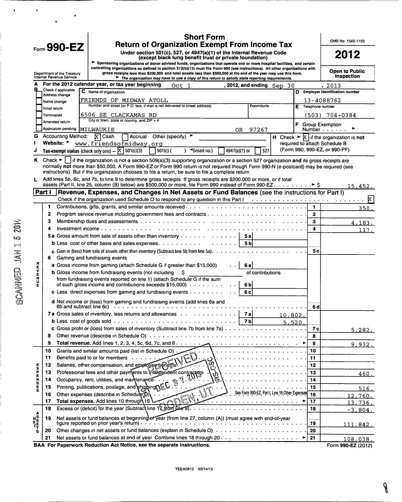 Image of first page of 2012 Form 990EZ for Friends of Midway Atoll National Wildlife Refuge