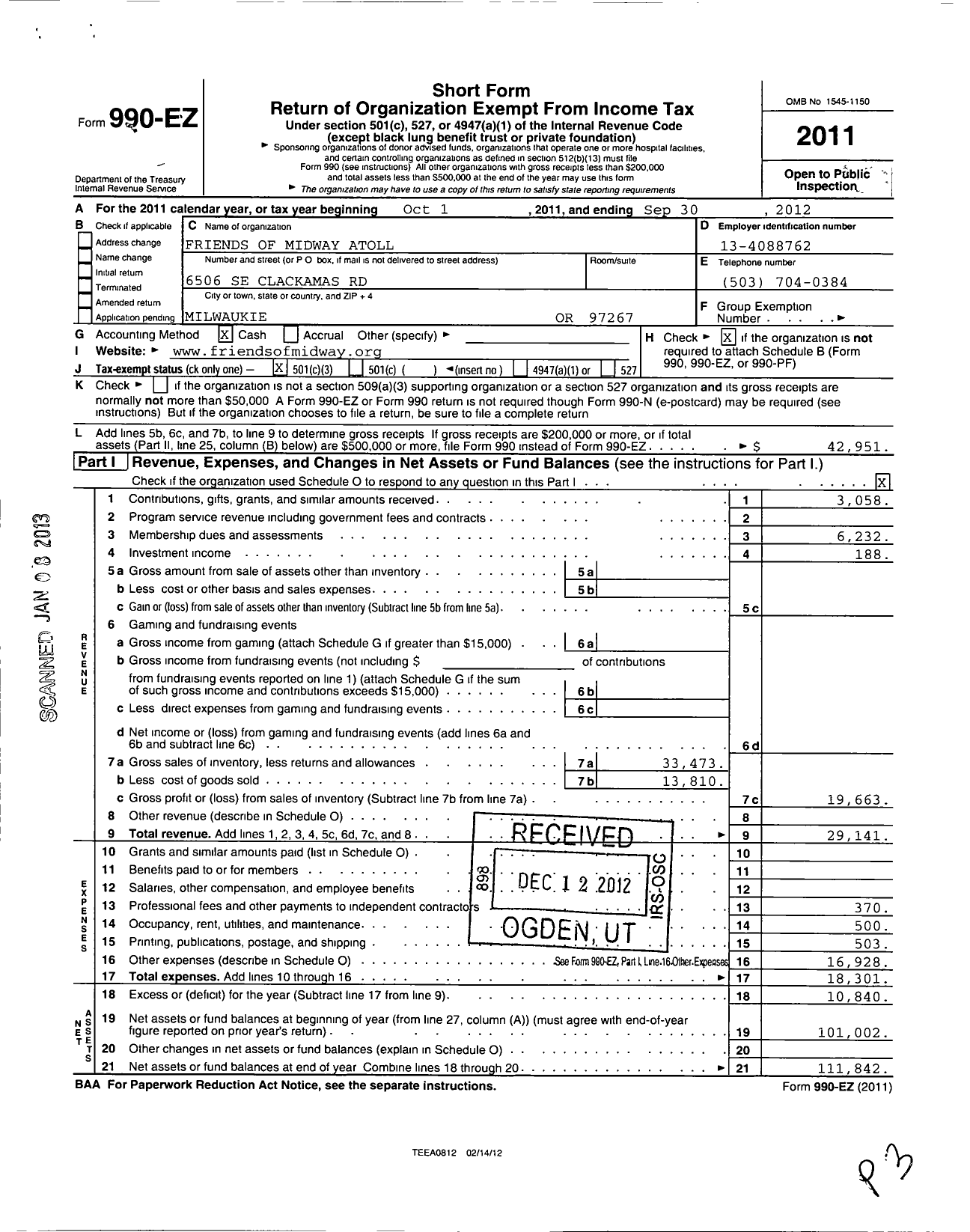 Image of first page of 2011 Form 990EZ for Friends of Midway Atoll National Wildlife Refuge