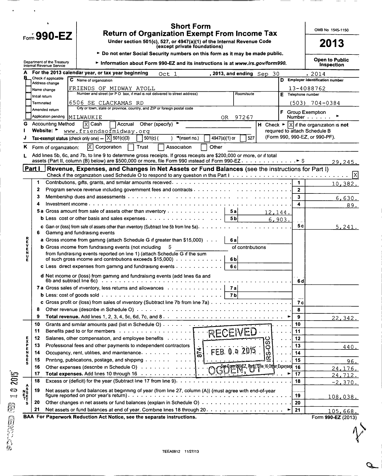 Image of first page of 2013 Form 990EZ for Friends of Midway Atoll National Wildlife Refuge