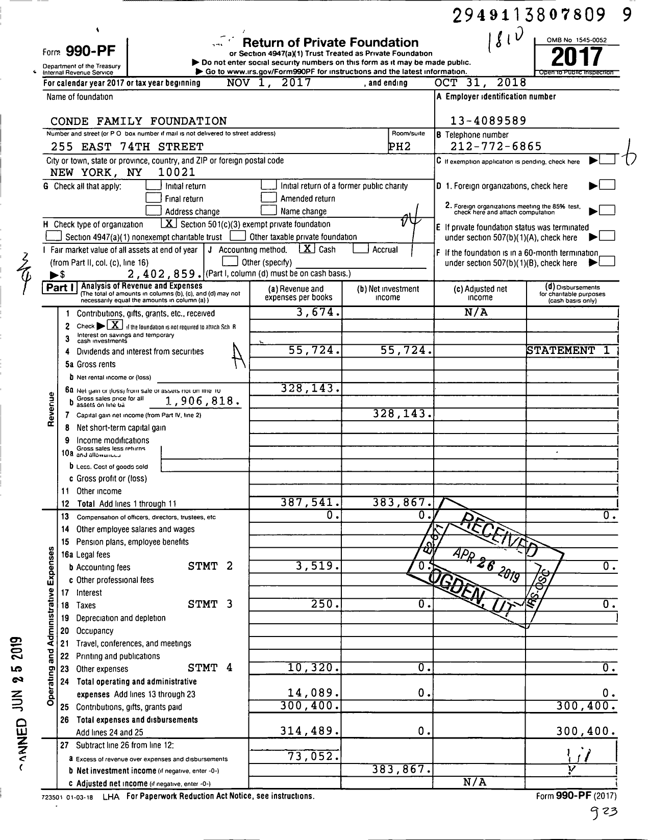 Image of first page of 2017 Form 990PF for Conde Family Foundation