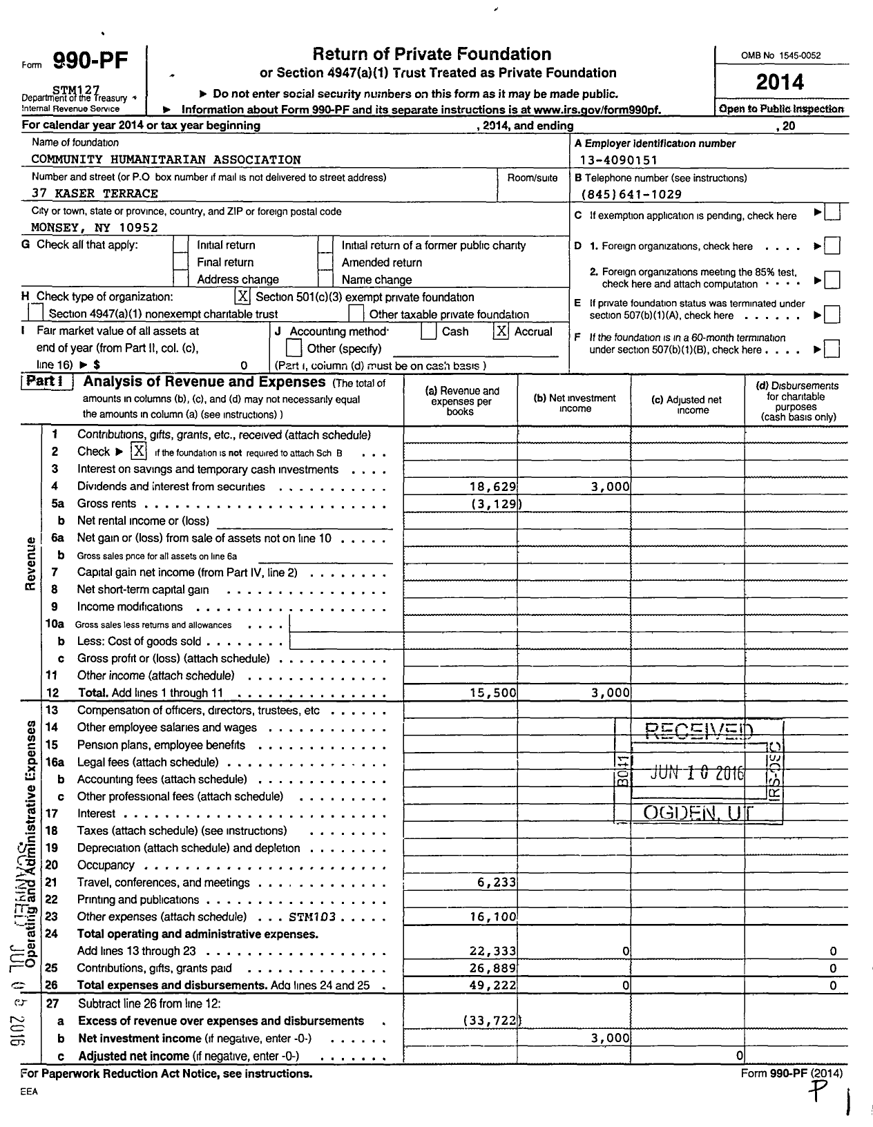 Image of first page of 2014 Form 990PF for Community Humanitarian Association