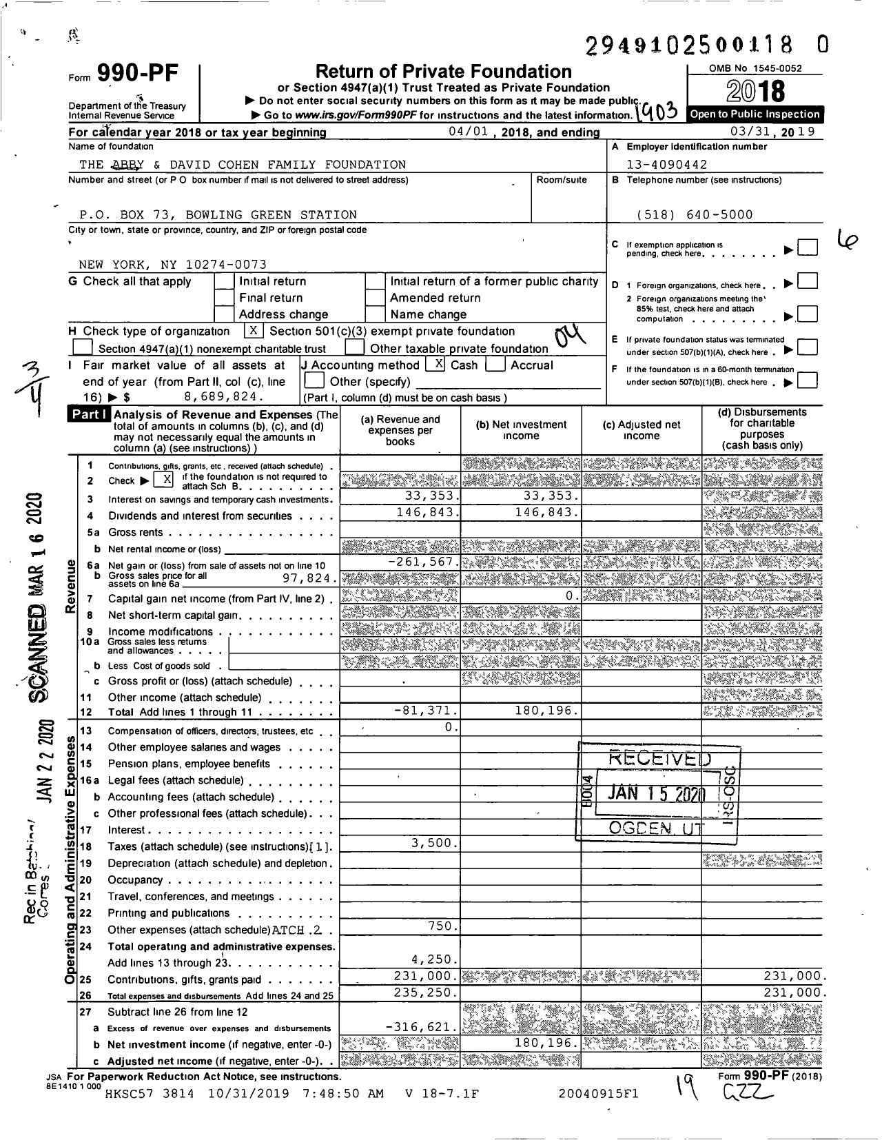 Image of first page of 2018 Form 990PR for Abby and David Cohen Family Foundation