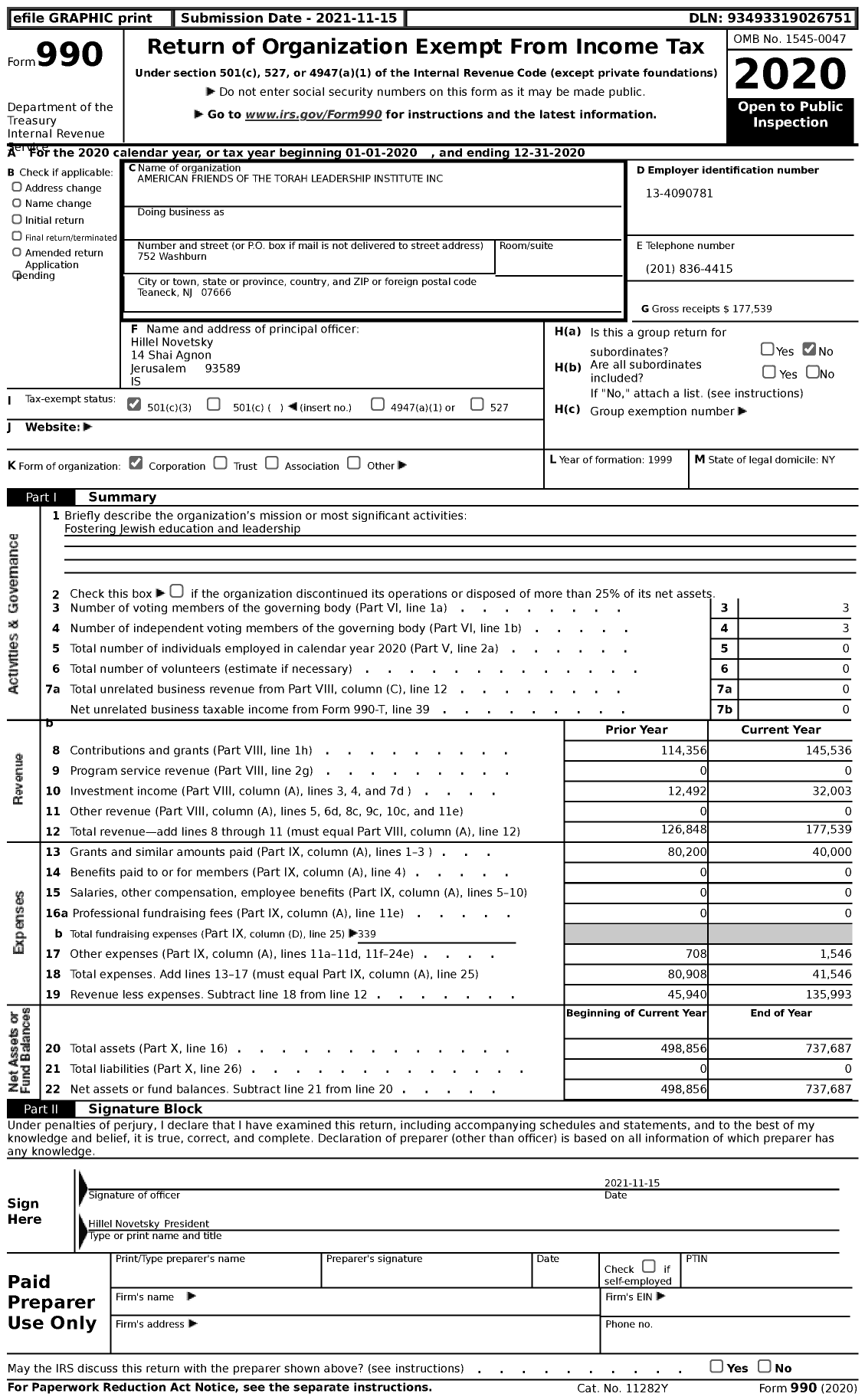 Image of first page of 2020 Form 990 for American Friends of the Torah Leadership Institute