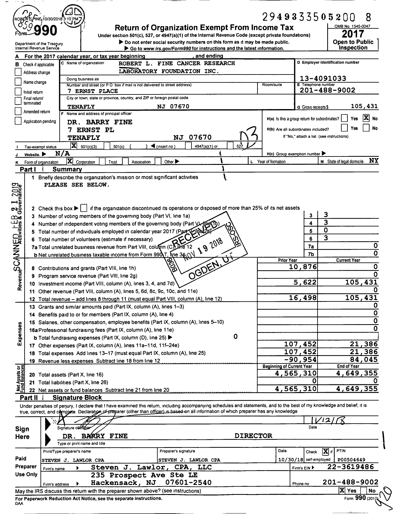 Image of first page of 2017 Form 990 for Robert L Fine Cancer Research