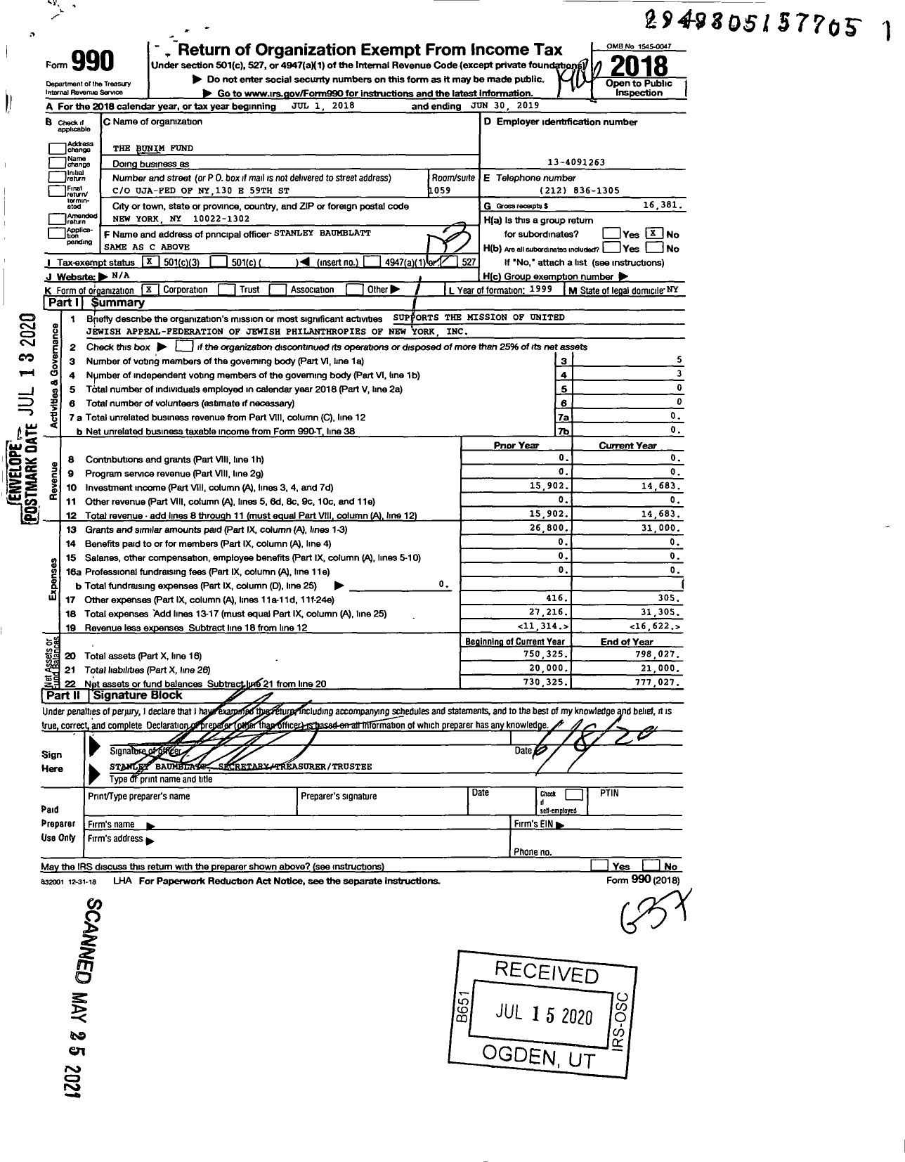 Image of first page of 2018 Form 990 for The Bunim Fund