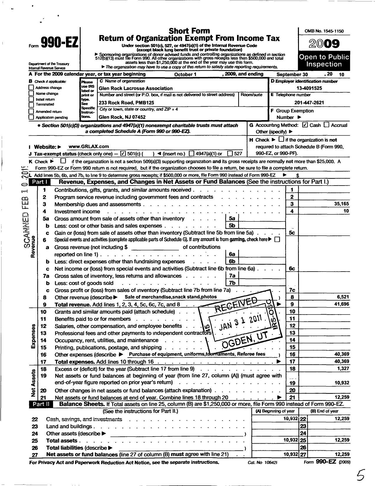 Image of first page of 2009 Form 990EO for Glen Rock Lacrosse Association