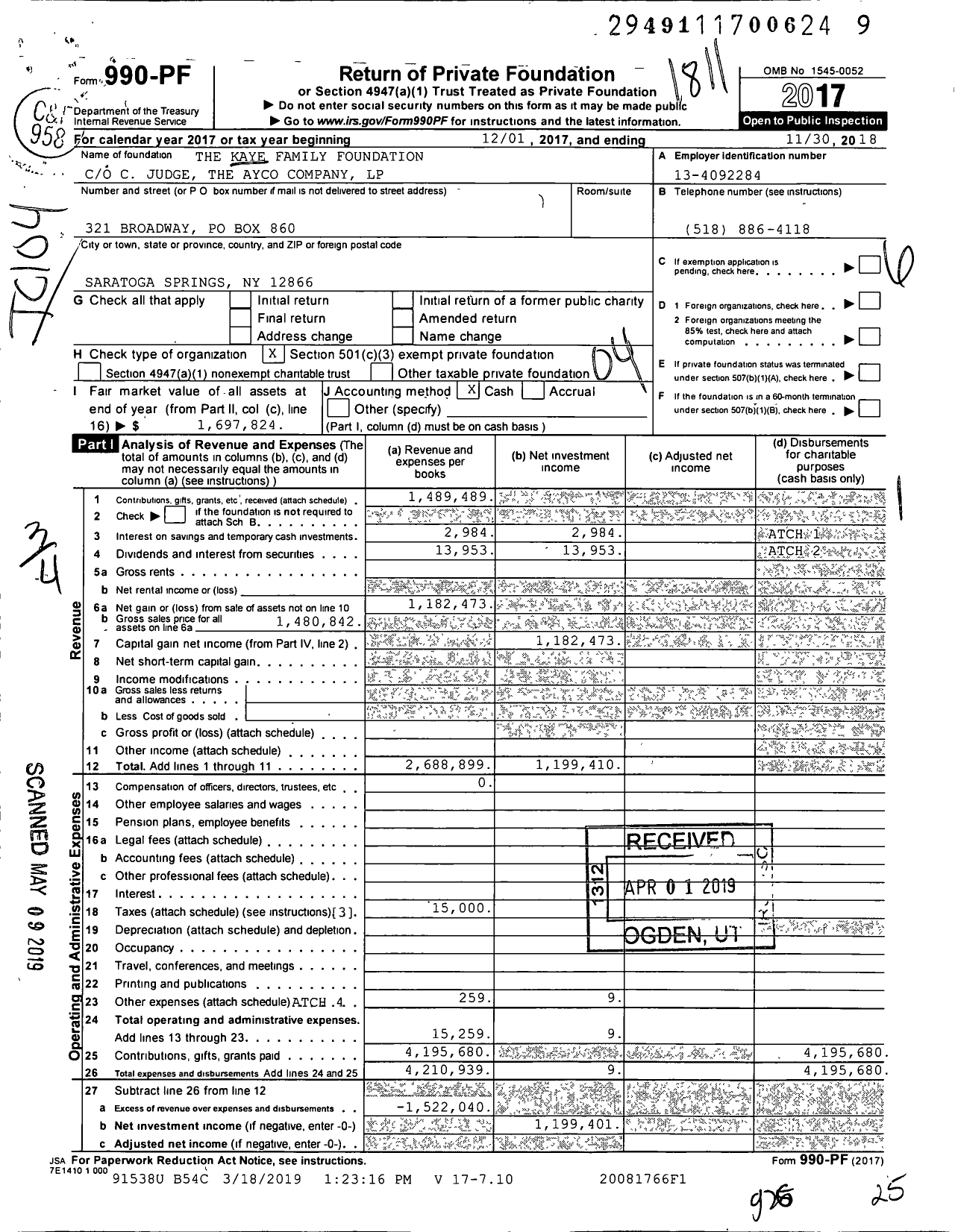 Image of first page of 2017 Form 990PF for The Kaye Family Foundation