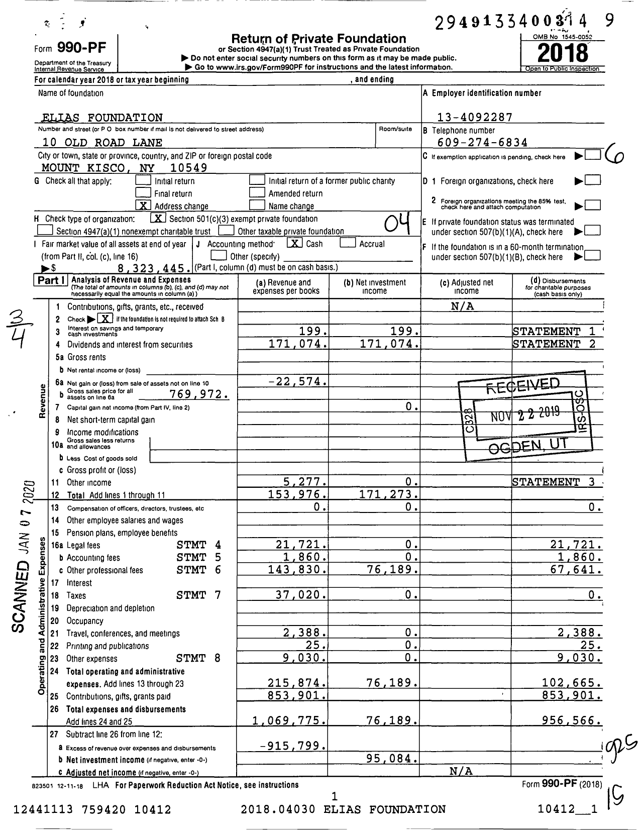 Image of first page of 2018 Form 990PF for Elias Foundation