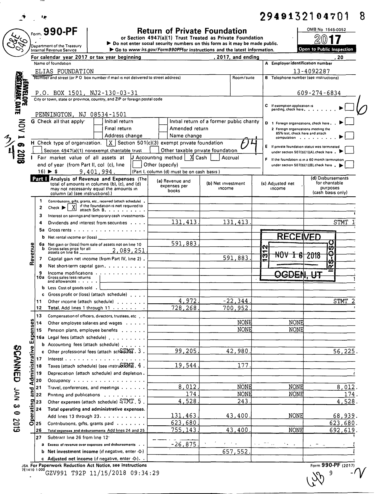 Image of first page of 2017 Form 990PF for Elias Foundation