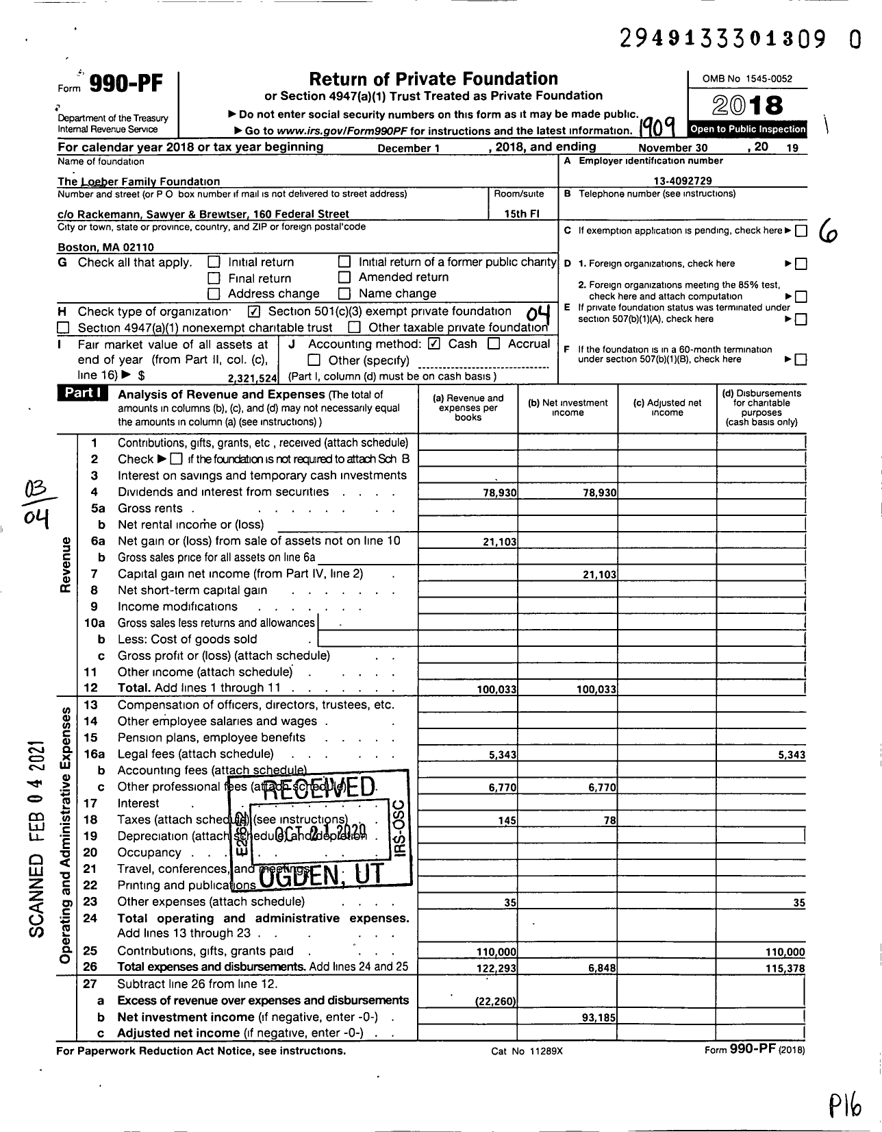 Image of first page of 2018 Form 990PF for The Loeber Family Foundation