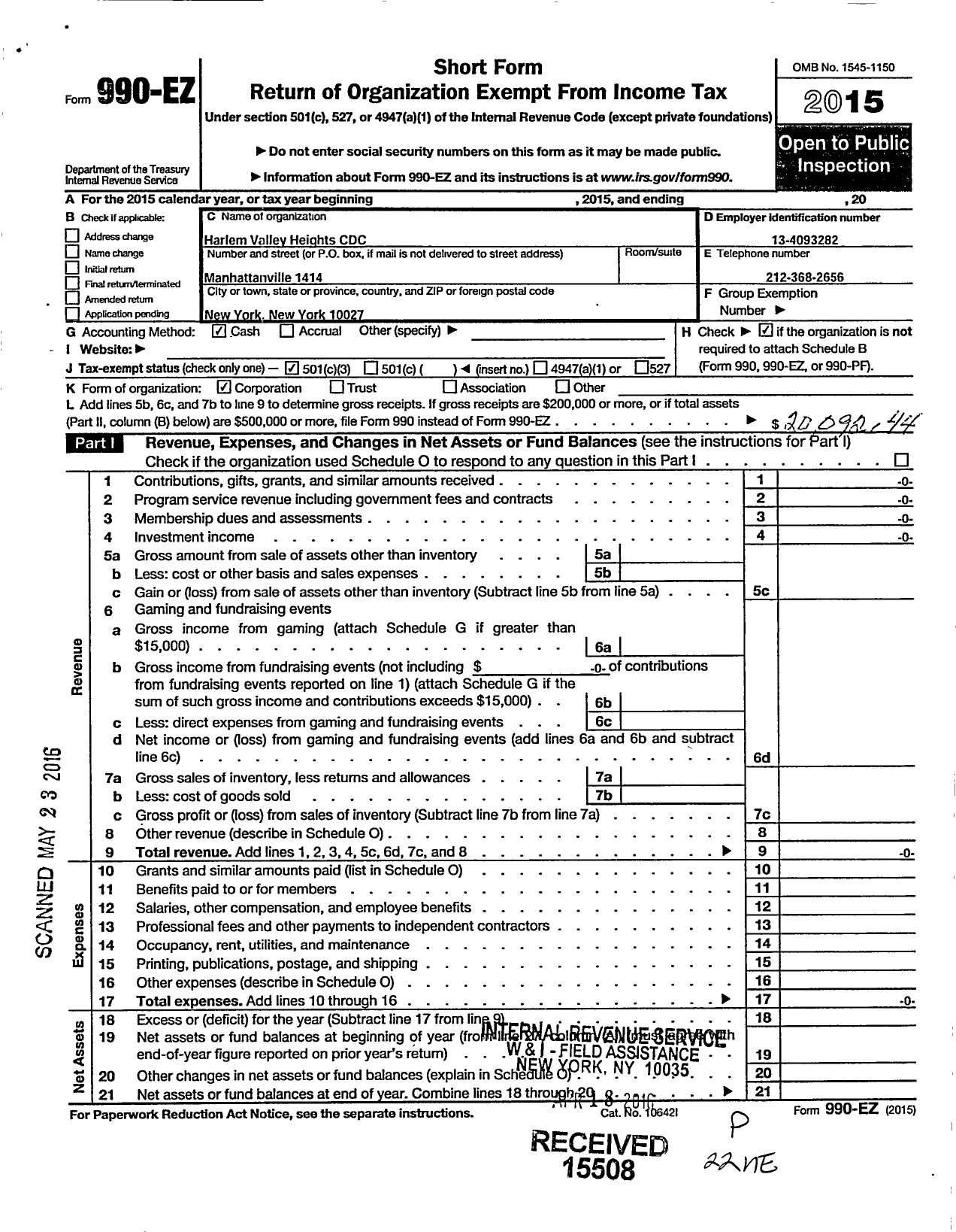 Image of first page of 2015 Form 990EZ for Harlem Valley Heights CDC