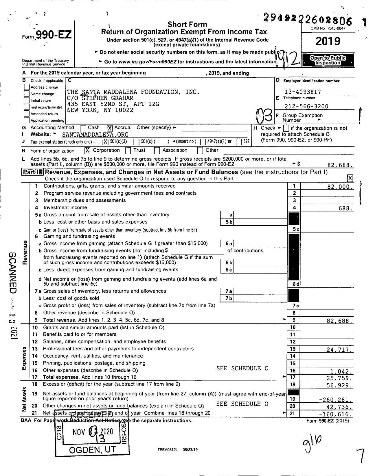 Image of first page of 2019 Form 990EZ for The Santa Maddalena Foundation