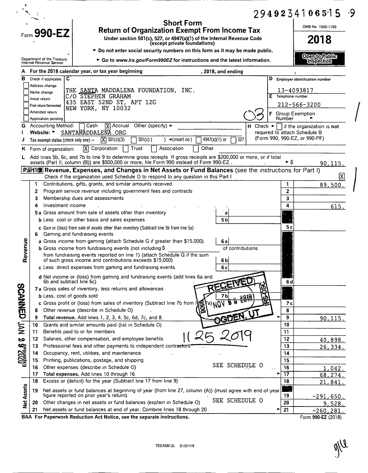 Image of first page of 2018 Form 990EZ for The Santa Maddalena Foundation