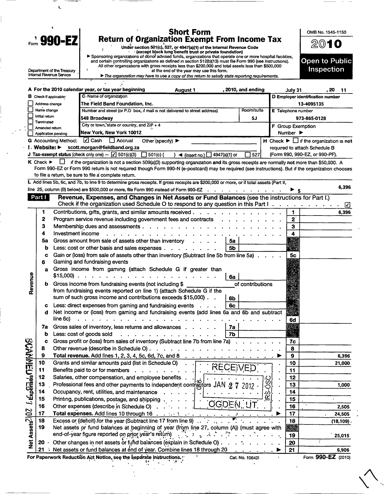 Image of first page of 2010 Form 990EZ for Field Band Foundation